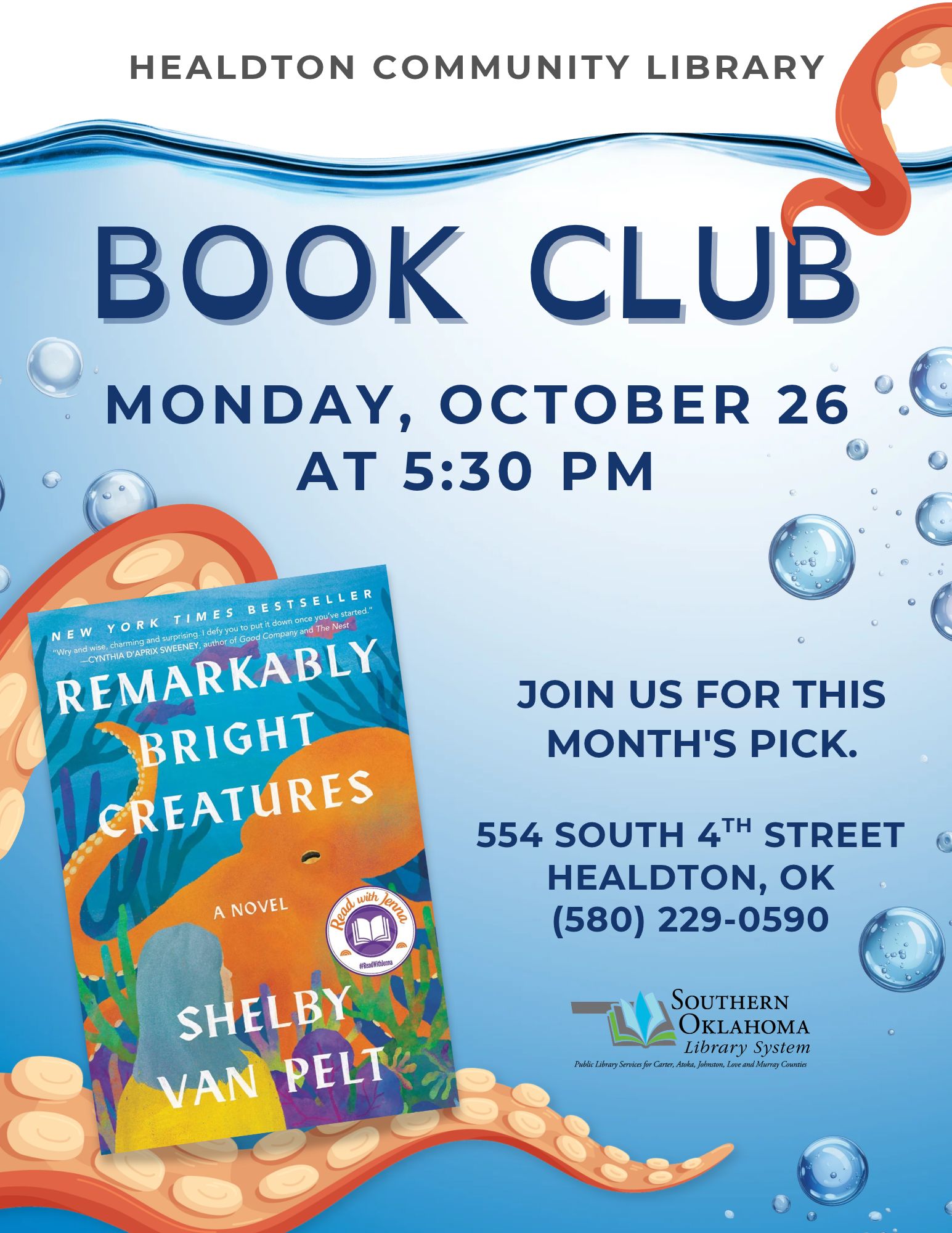 Blue underwater-themed flyer for Healdton Community Library's Book Club discussing "Remarkably Bright Creatures" by Shelby Van Pelt, Monday, October 26 at 5:30 PM, 554 South 4th Street, Healdton, OK, (580) 229-0590.