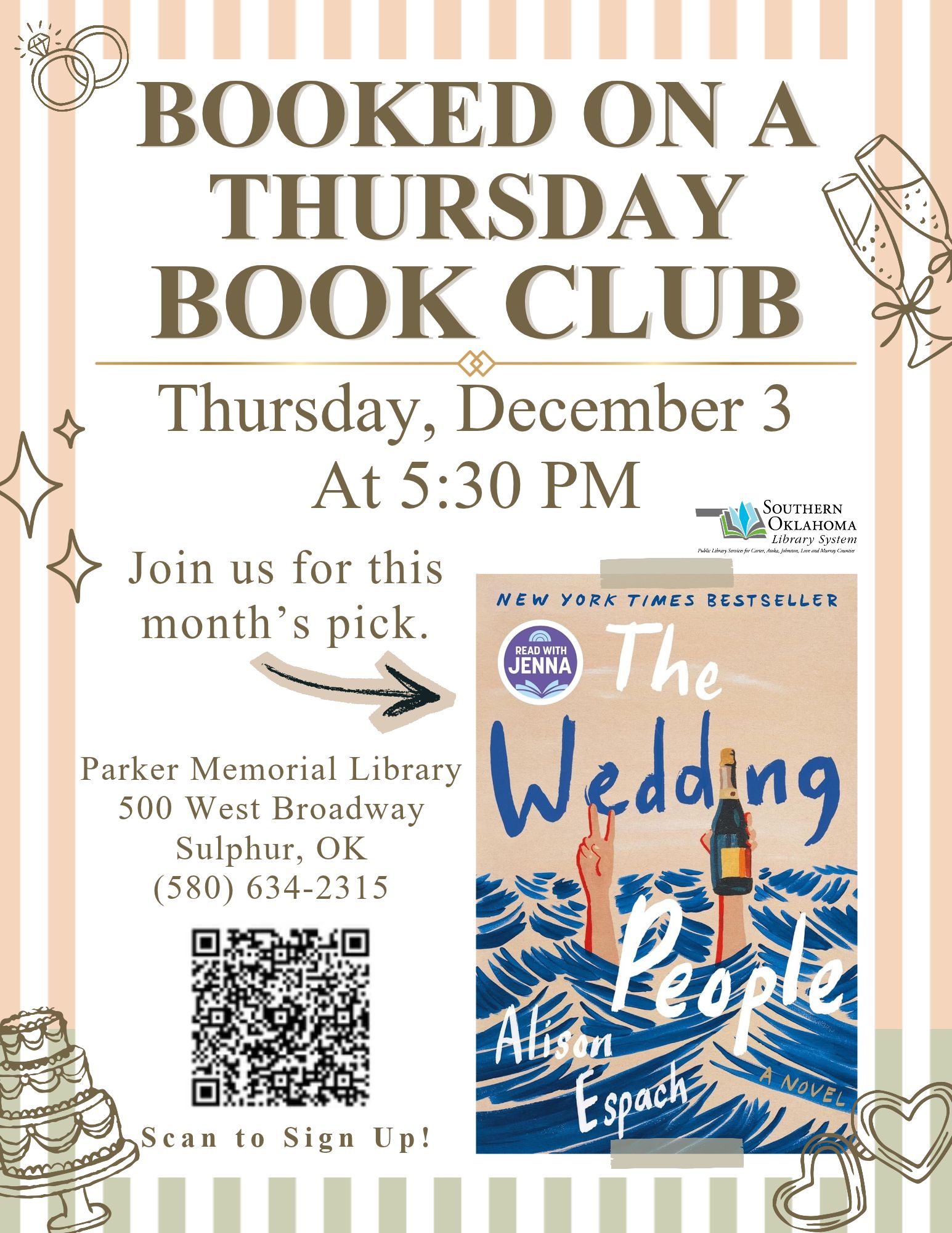 Wedding-themed flyer for Parker Memorial Library's "Booked on a Thursday" Book Club discussing "The Wedding People" by Alison Espach, Thursday, December 3 at 5:30 PM, with a QR code to sign up.