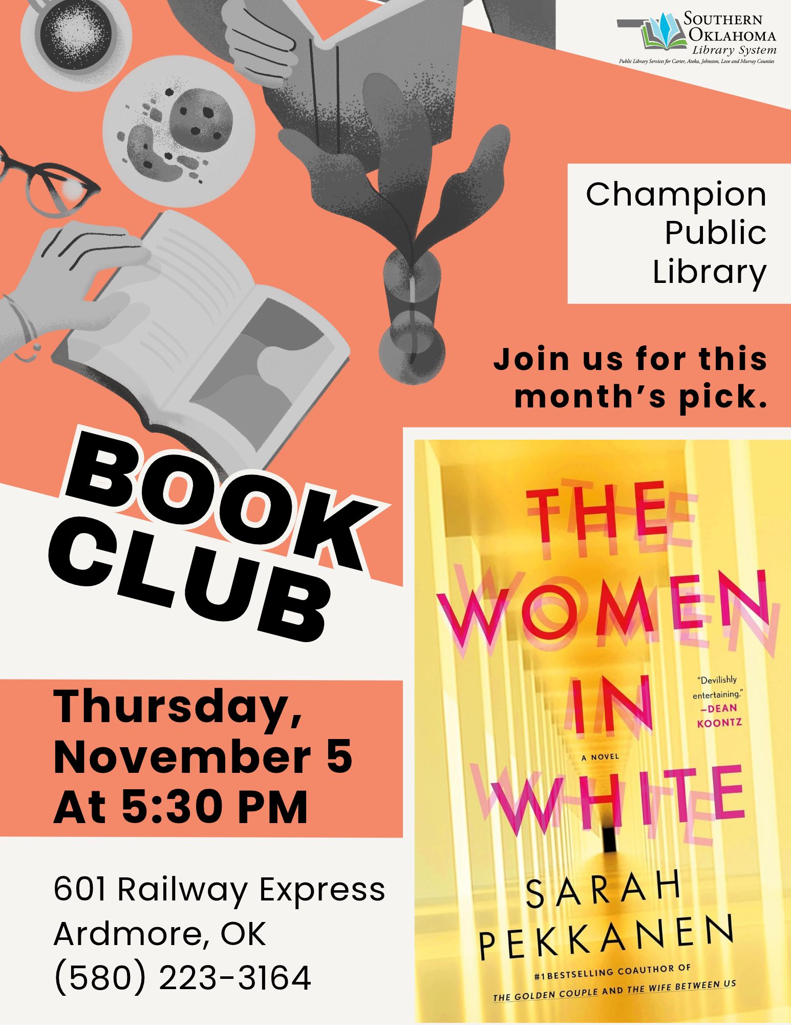 Champion Public Library Book Club flyer: The Women in White by Sarah Pekkanen, Thursday, November 5 at 5:30 PM, 601 Railway Express, Ardmore, OK.