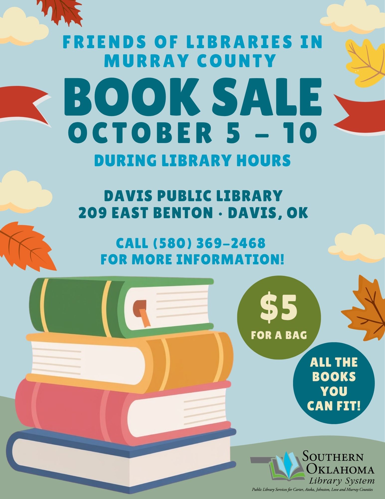 Fall-themed flyer for a Friends of Libraries in Murray County Book Sale, October 5–10 during library hours at Davis Public Library, $5 per bag, all the books you can fit.