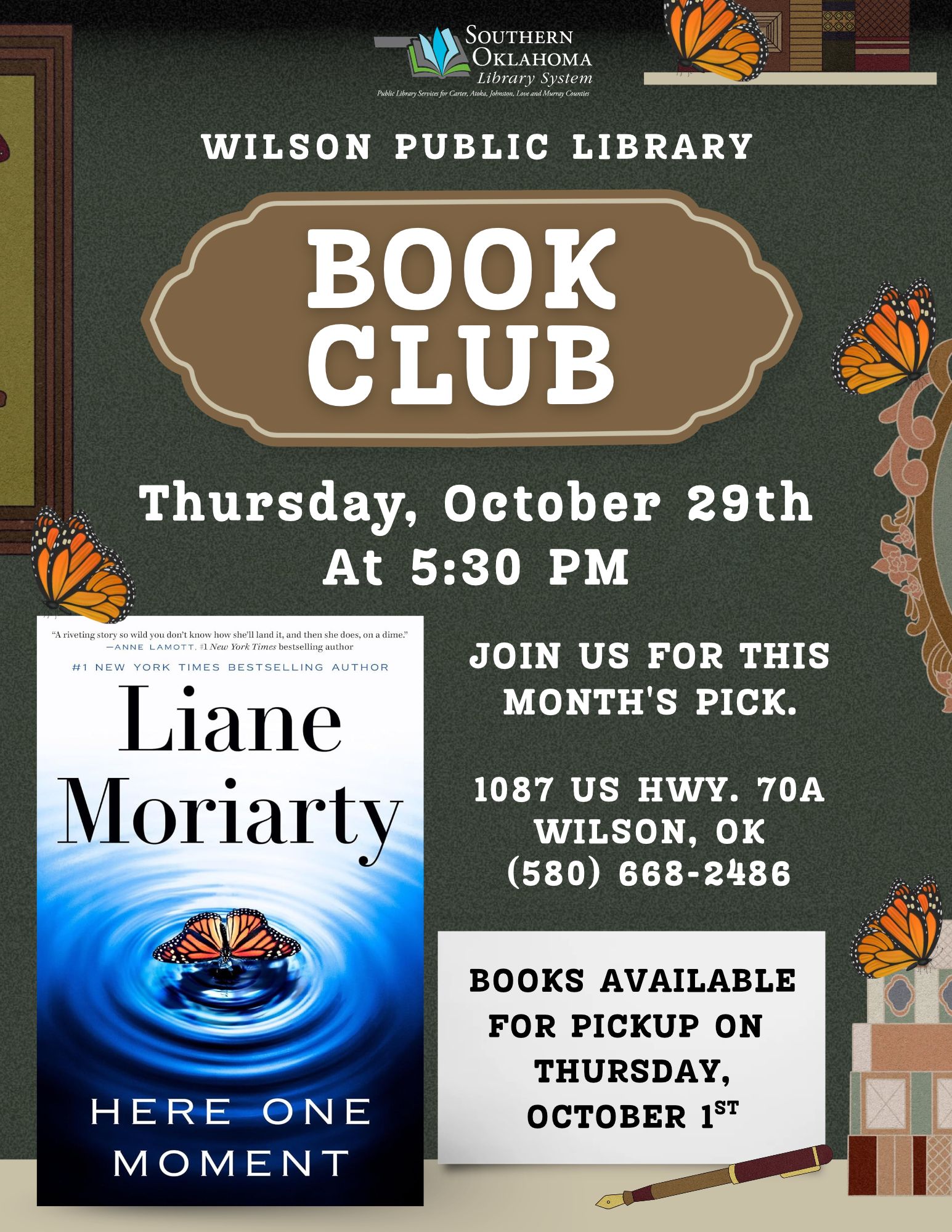 Vintage-style flyer with monarch butterflies for Wilson Public Library's Book Club discussing "Here One Moment" by Liane Moriarty, Thursday, October 29 at 5:30 PM, books available for pickup October 1st.