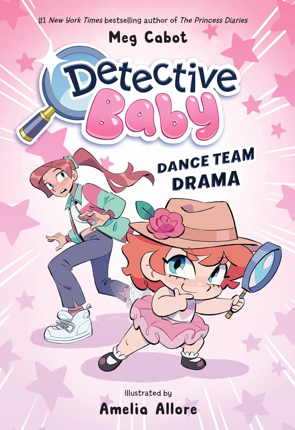 Book cover for "Detective Baby: Dance Team Drama" by Meg Cabot, illustrated by Amelia Allore, showing a cartoon toddler detective in a pink outfit and fedora holding a magnifying glass, with an older girl running behind her.