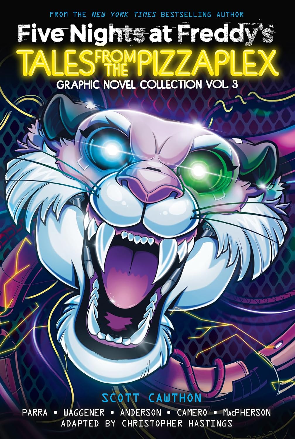 Graphic novel cover for "Five Nights at Freddy's: Tales from the Pizzaplex" Vol. 3, showing a snarling white animatronic tiger with glowing blue and green eyes against a neon purple background.