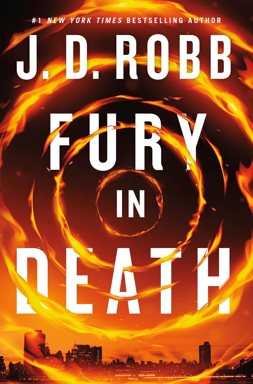 Book cover for "Fury in Death" by J.D. Robb, showing swirling orange flames forming a circular pattern above a city skyline.