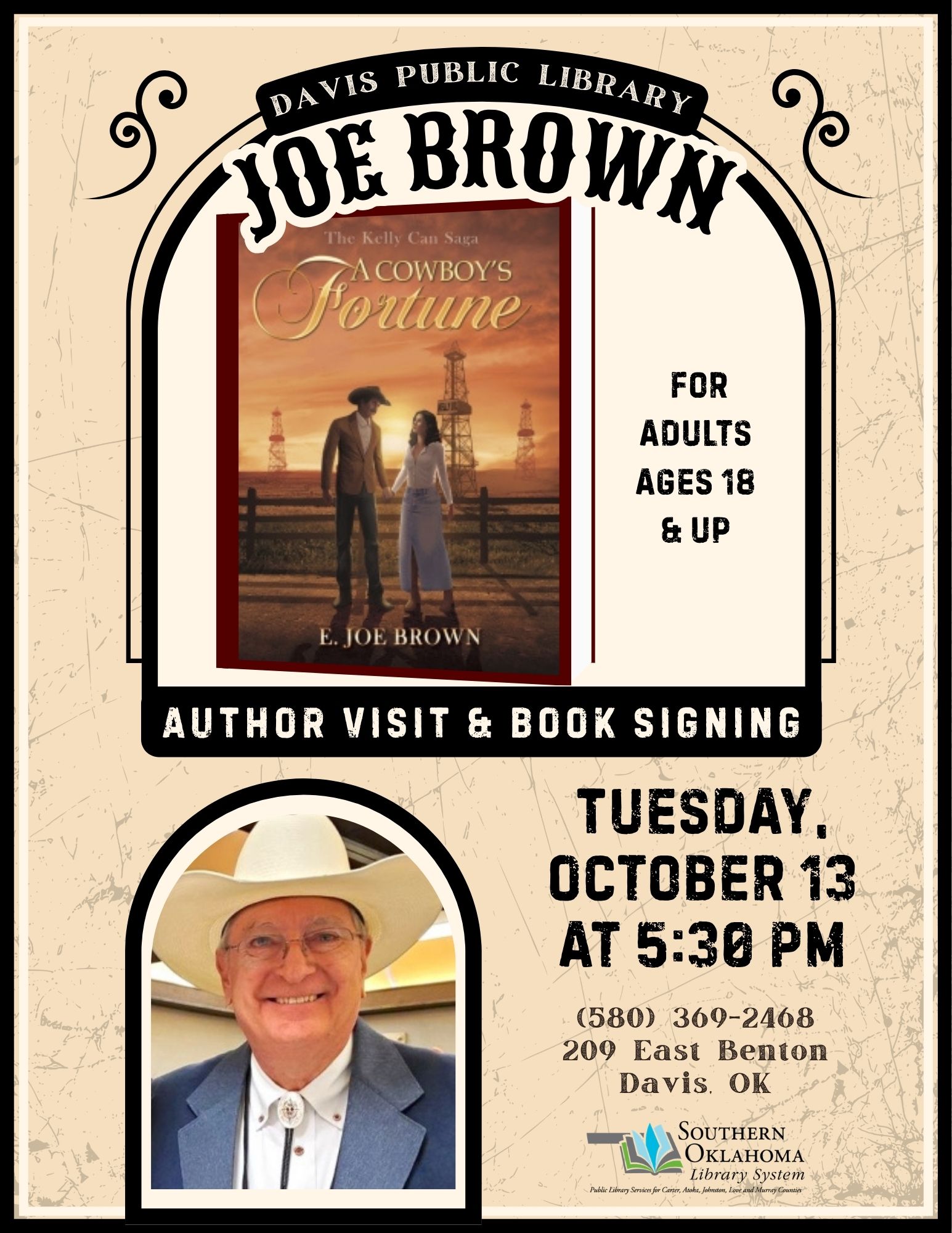 Western-style flyer for an author visit and book signing with E. Joe Brown, author of "A Cowboy's Fortune," Tuesday, October 13 at 5:30 PM at Davis Public Library, for adults 18+.