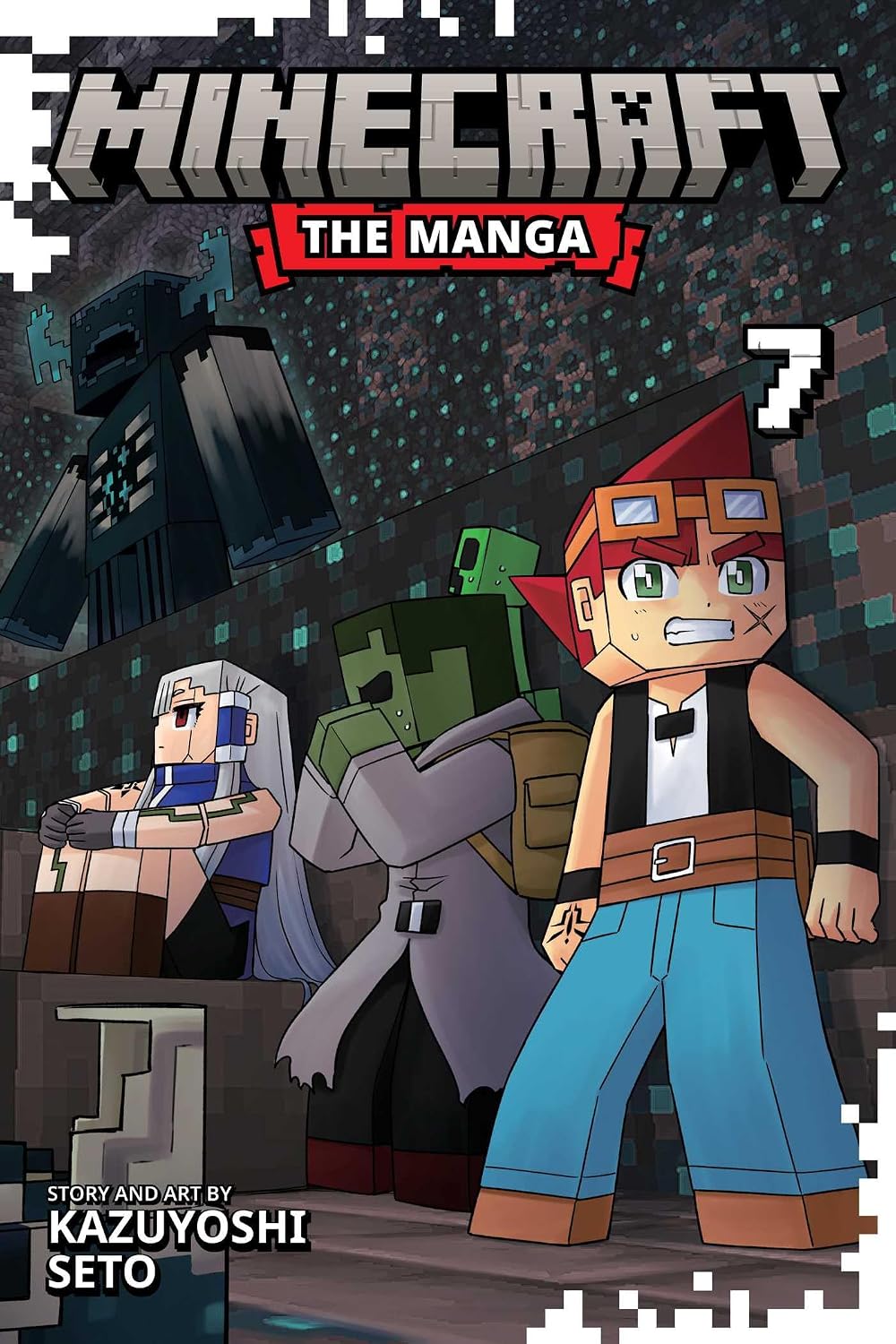 Manga cover for "Minecraft: The Manga" Vol. 7 by Kazuyoshi Seto, showing three blocky video-game-style characters — a red-haired boy, a zombie, and a girl with white hair — standing before a tall dark enderman figure.