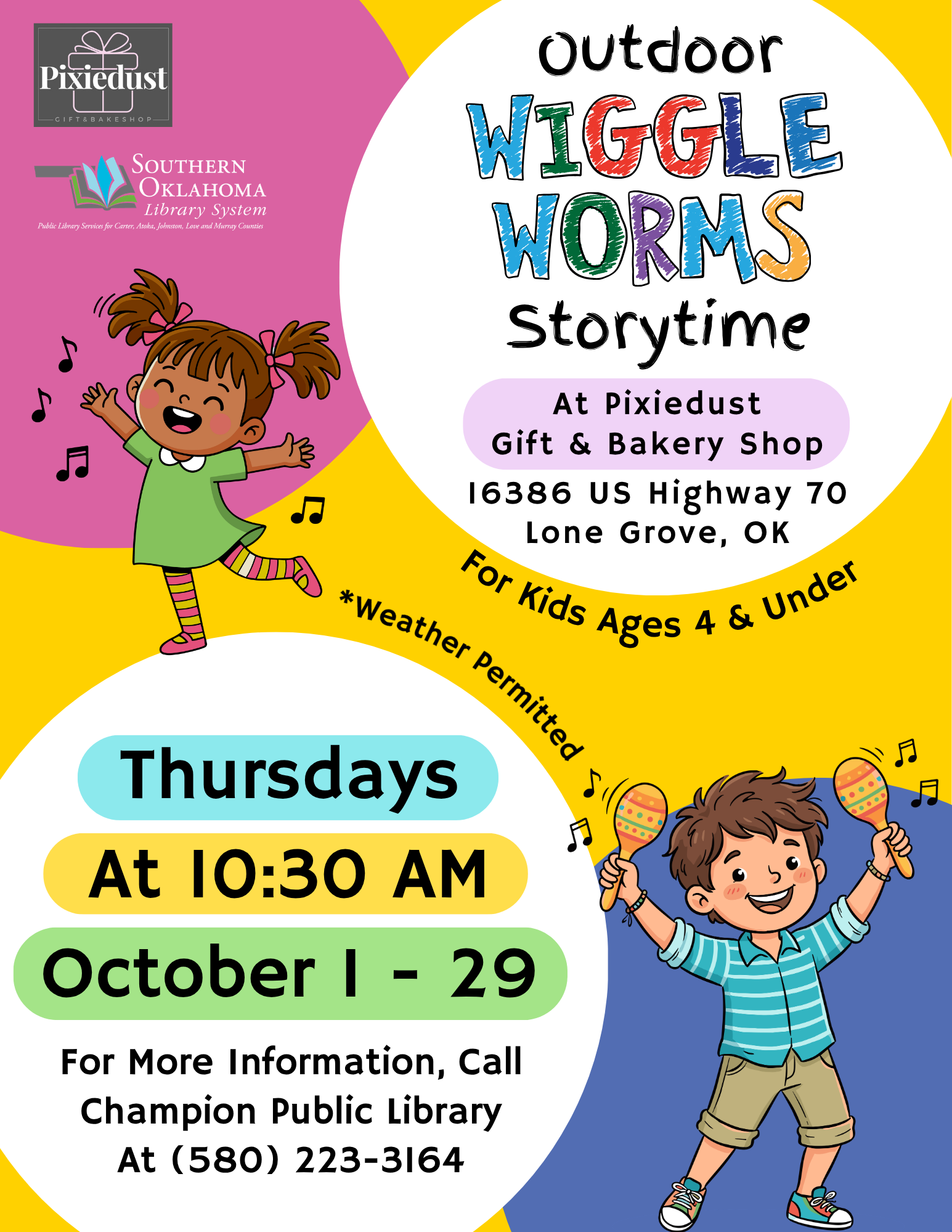 Outdoor Wiggle Worms Storytime Pixiedust CPL Flyer Oct 2026
