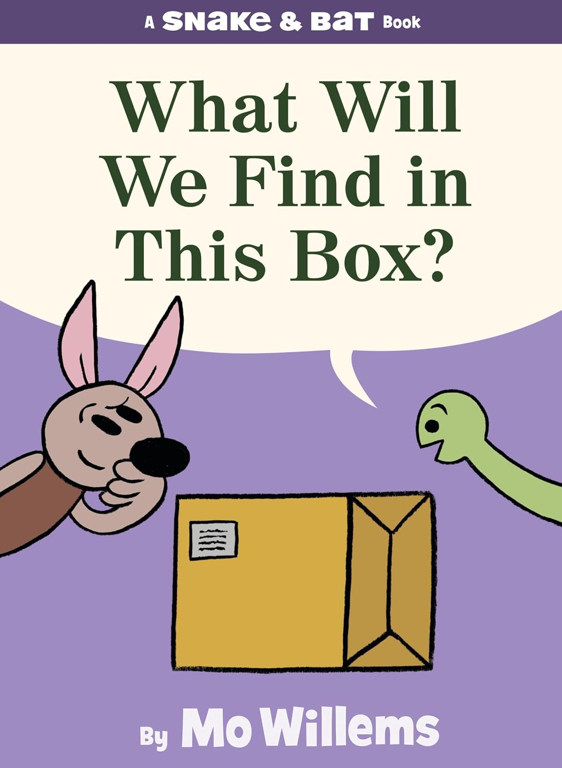 Book cover for "A Snake & Bat Book: What Will We Find in This Box?" by Mo Willems, showing simple cartoon illustrations of a bat and a green snake looking at a closed cardboard box.