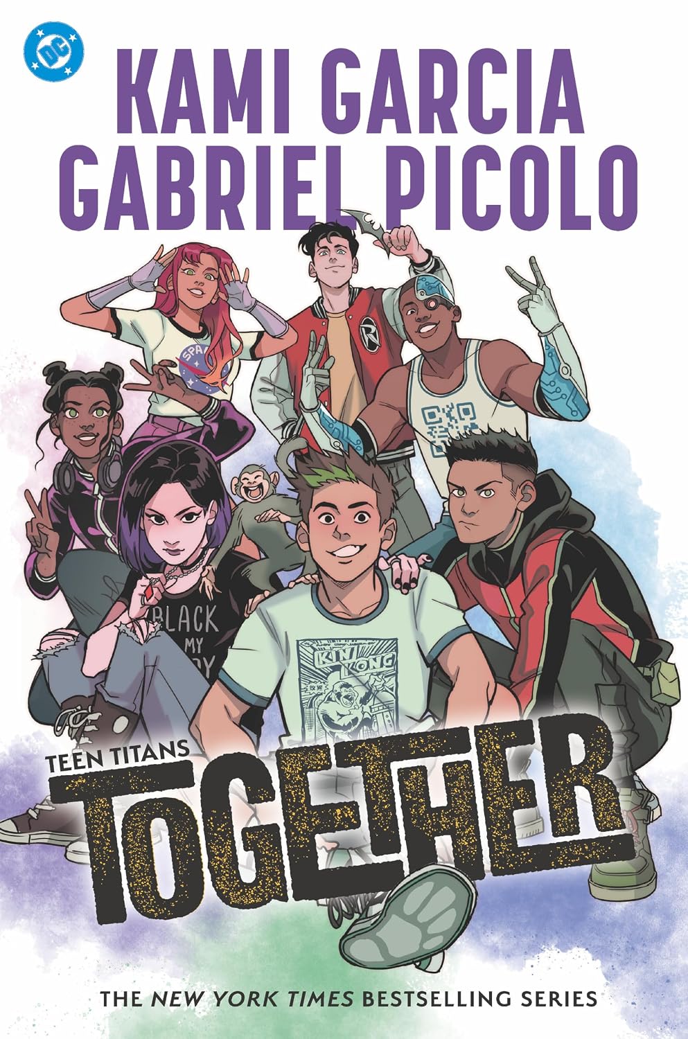 Graphic novel cover for "Teen Titans: Together" by Kami Garcia and Gabriel Picolo, showing an illustrated group of seven young superheroes posing together in casual clothes with a small monkey.