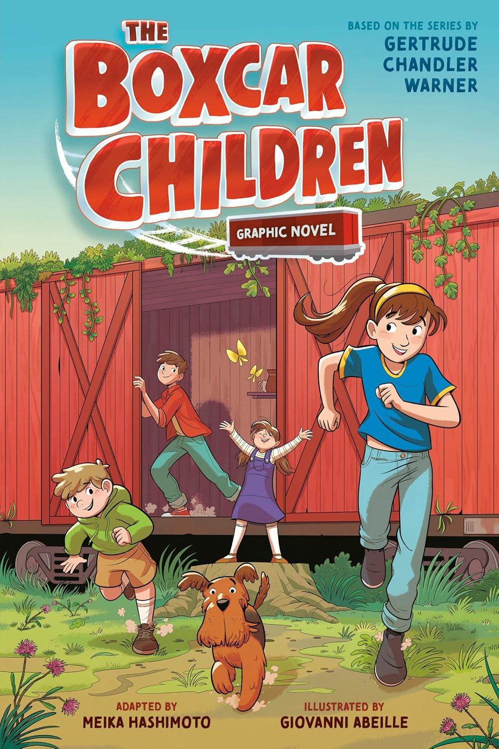 Graphic novel cover for "The Boxcar Children," adapted by Meika Hashimoto and illustrated by Giovanni Abeille, showing four cartoon children and a dog running happily in front of a red boxcar.
