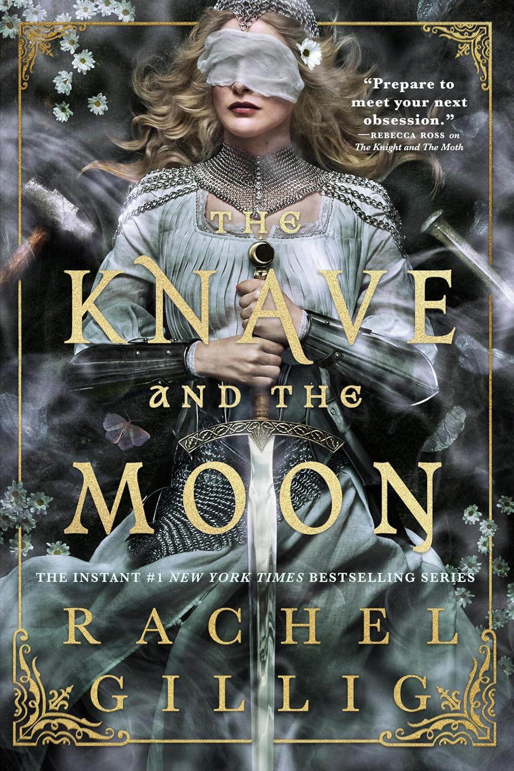 Book cover for "The Knave and the Moon" by Rachel Gillig, showing a blindfolded woman in chainmail and armor holding a sword, surrounded by smoke and daisies.