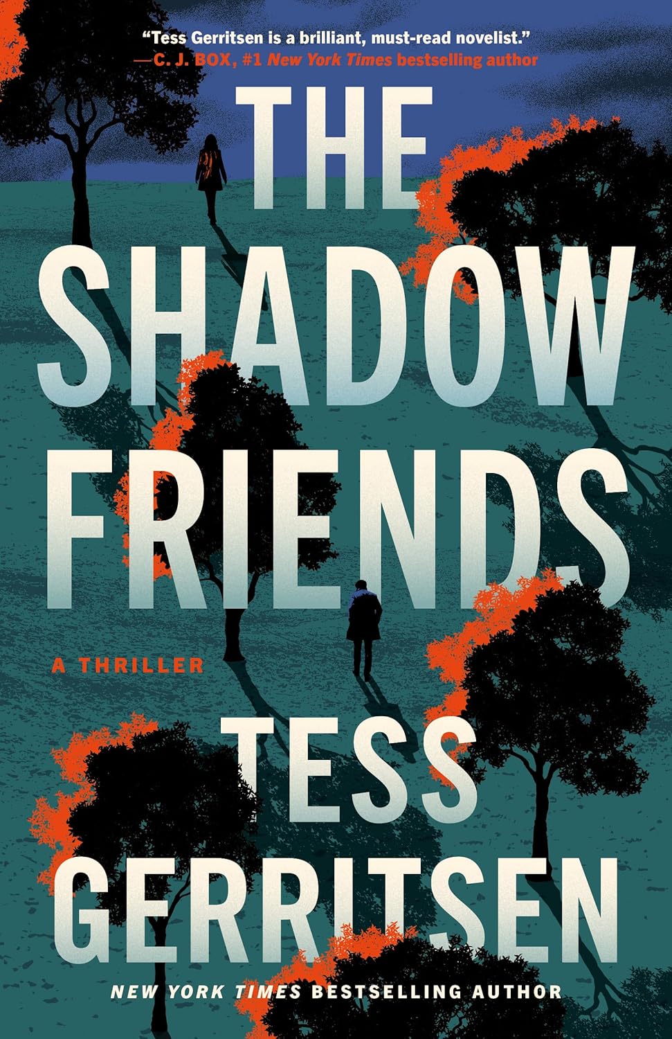 Book cover for "The Shadow Friends" by Tess Gerritsen, showing an illustrated aerial view of two small figures walking among trees with autumn-tinged leaves on a teal hillside.