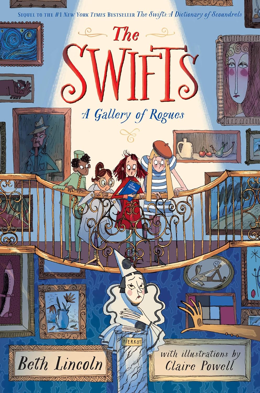 Book cover for "The Swifts: A Gallery of Rogues" by Beth Lincoln, illustrated by Claire Powell, showing four children peering over a gallery railing surrounded by ornate framed paintings, with a Pierrot clown statue below.