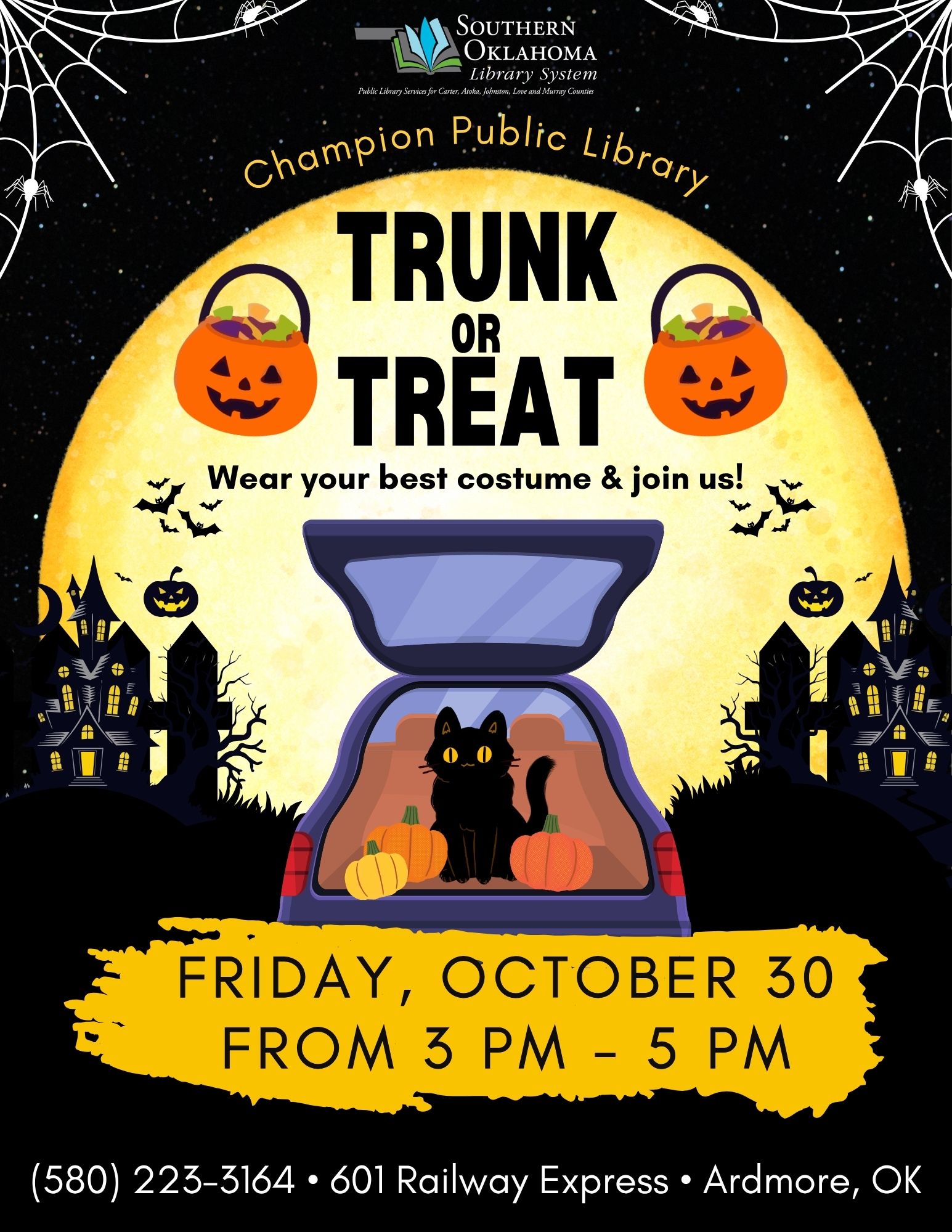Halloween flyer: a black cat and pumpkins in an open car trunk under a full moon. Trunk or Treat at Champion Public Library, Friday, October 30, 3-5 PM. Costumes encouraged.