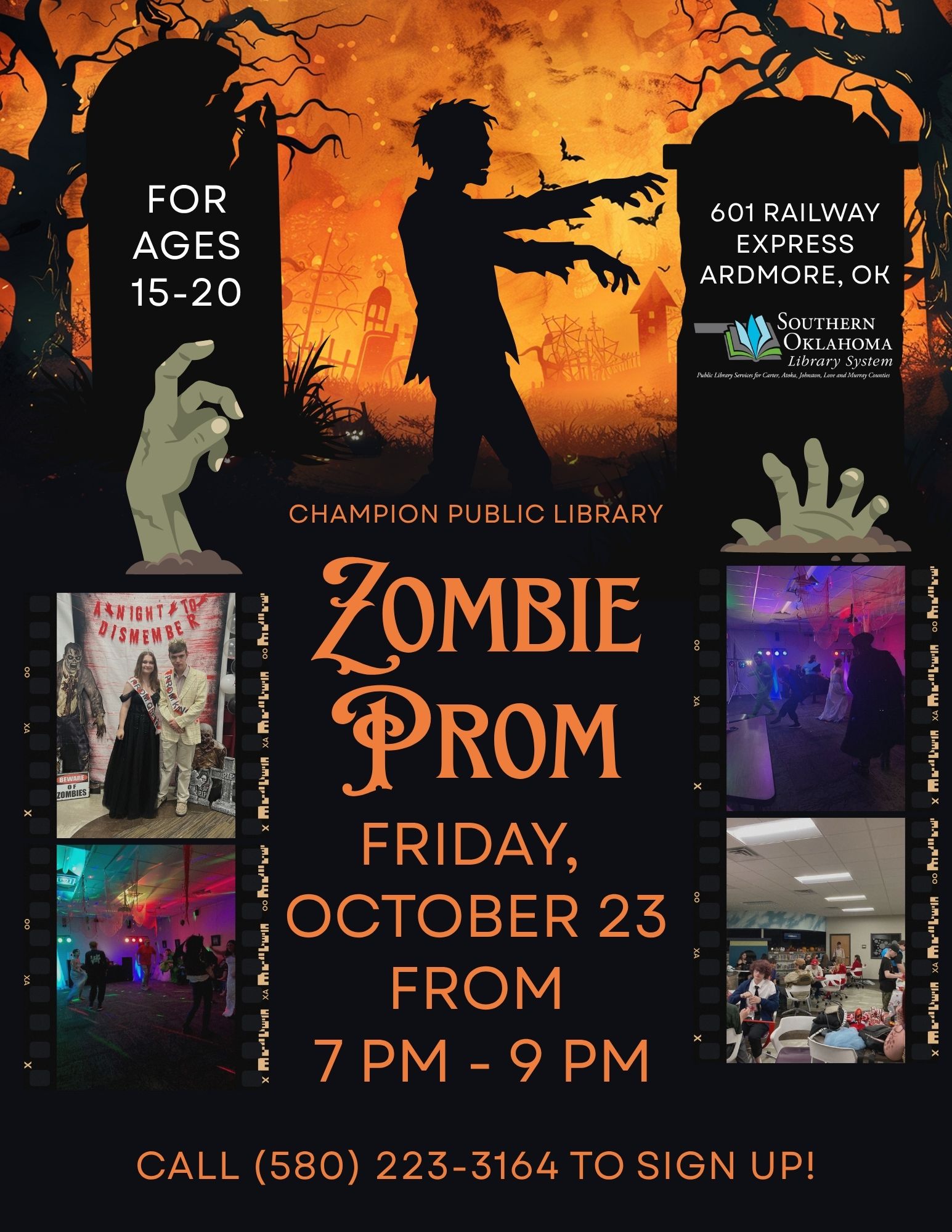 Flyer with a zombie silhouette between tombstones and photos from a past prom. Champion Public Library, Friday, October 23, 7-9 PM. Ages 15-20. Call to sign up.