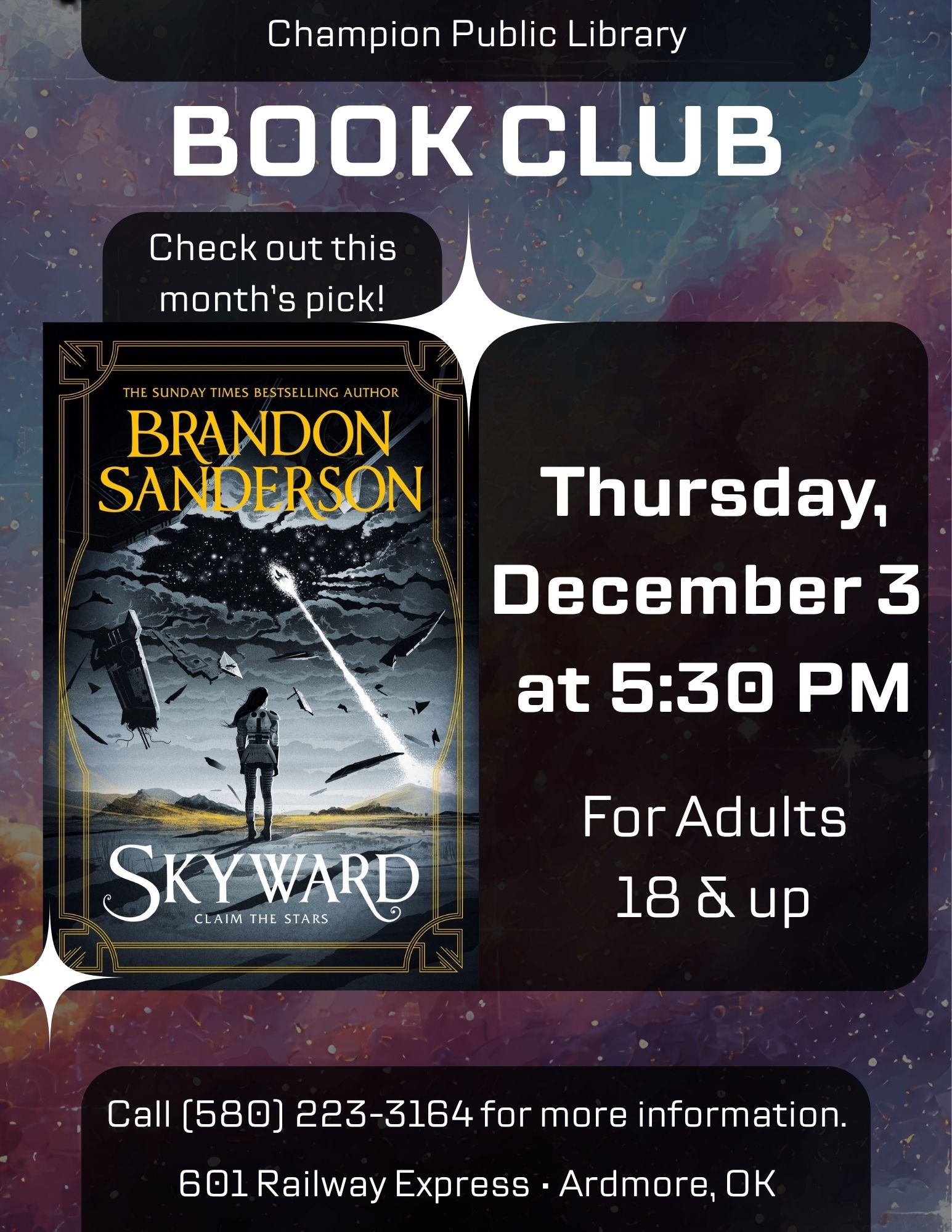 Champion Public Library Book Club flyer: Skyward by Brandon Sanderson. Thursday, December 3, 5:30 PM. Adults 18+. Call (580) 223-3164. 601 Railway Express, Ardmore.