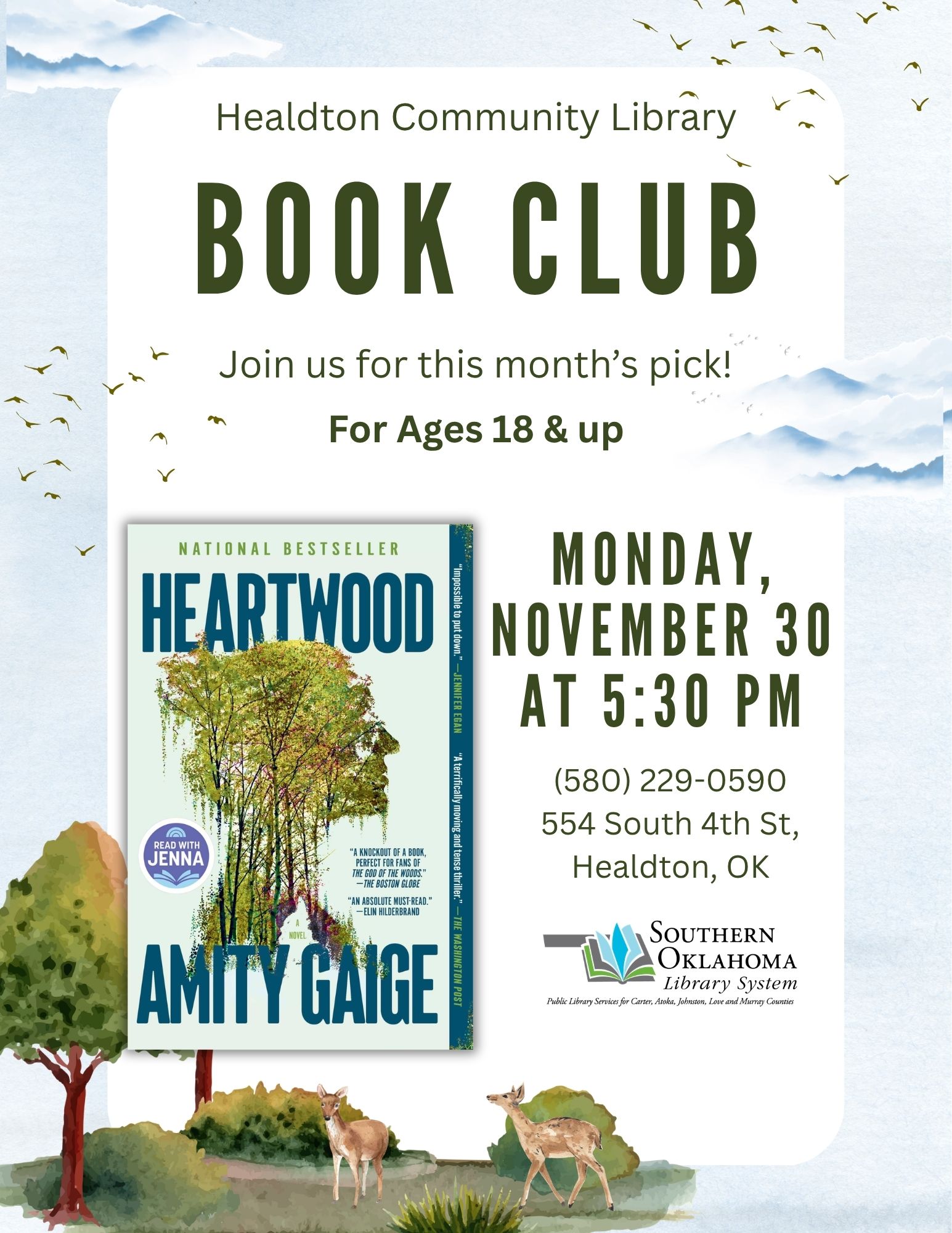 Healdton Community Library Book Club flyer: Heartwood by Amity Gaige. Monday, November 30, 5:30 PM. Ages 18+. Call (580) 229-0590. 554 S 4th St, Healdton.