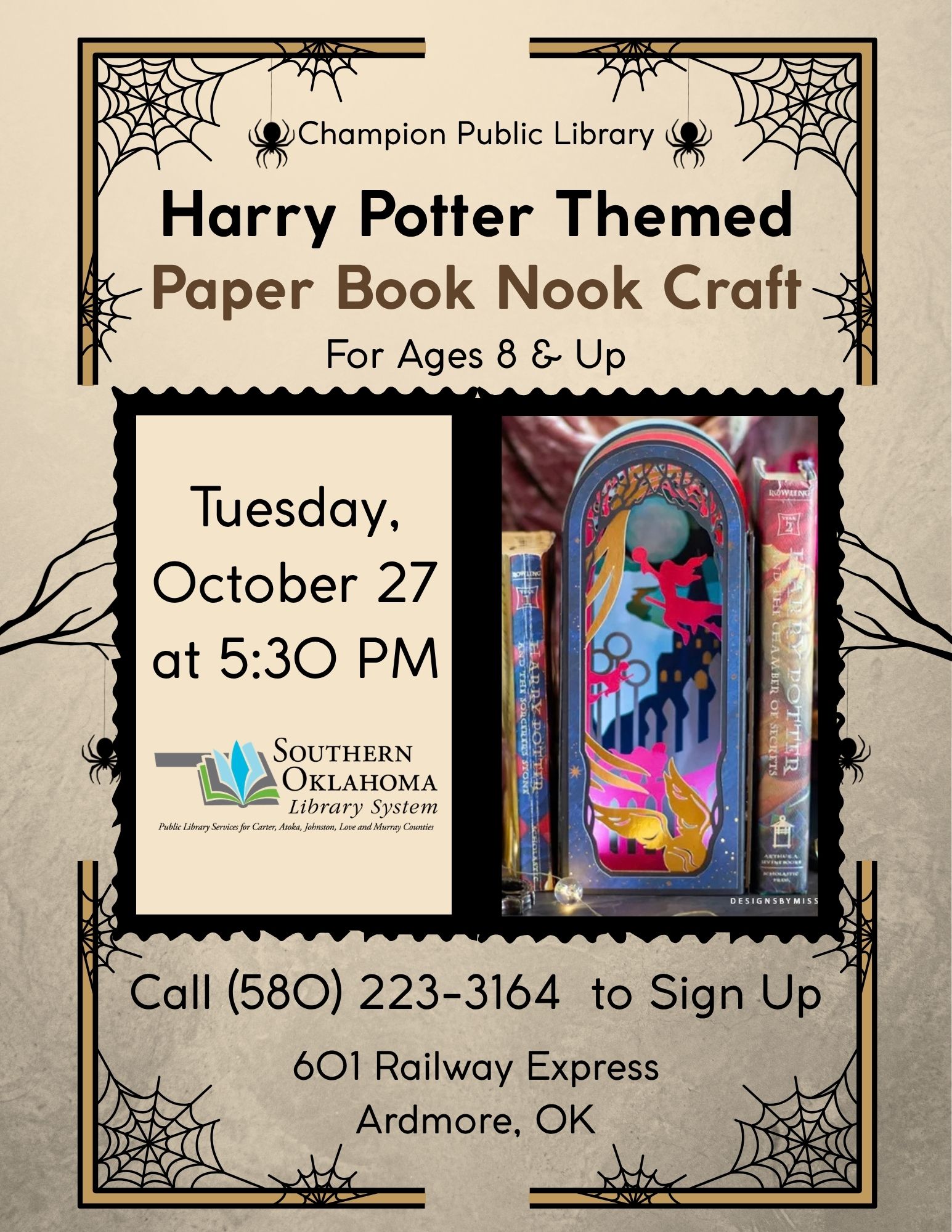 Flyer for a Harry Potter themed paper book nook craft at Champion Public Library on Tuesday, October 27 at 5:30 PM, for ages 8 and up. Call (580) 223-3164 to sign up. Location: 601 Railway Express, Ardmore, OK.