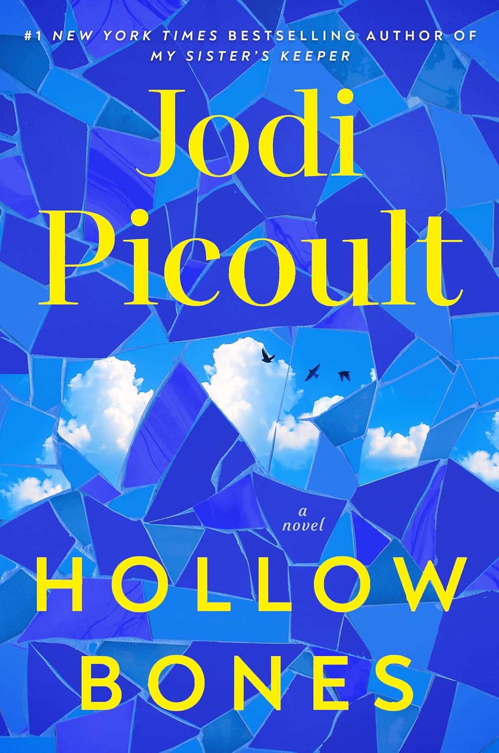 Cover of Hollow Bones by Jodi Picoult: broken blue mosaic tiles with glimpses of sky, clouds, and birds.