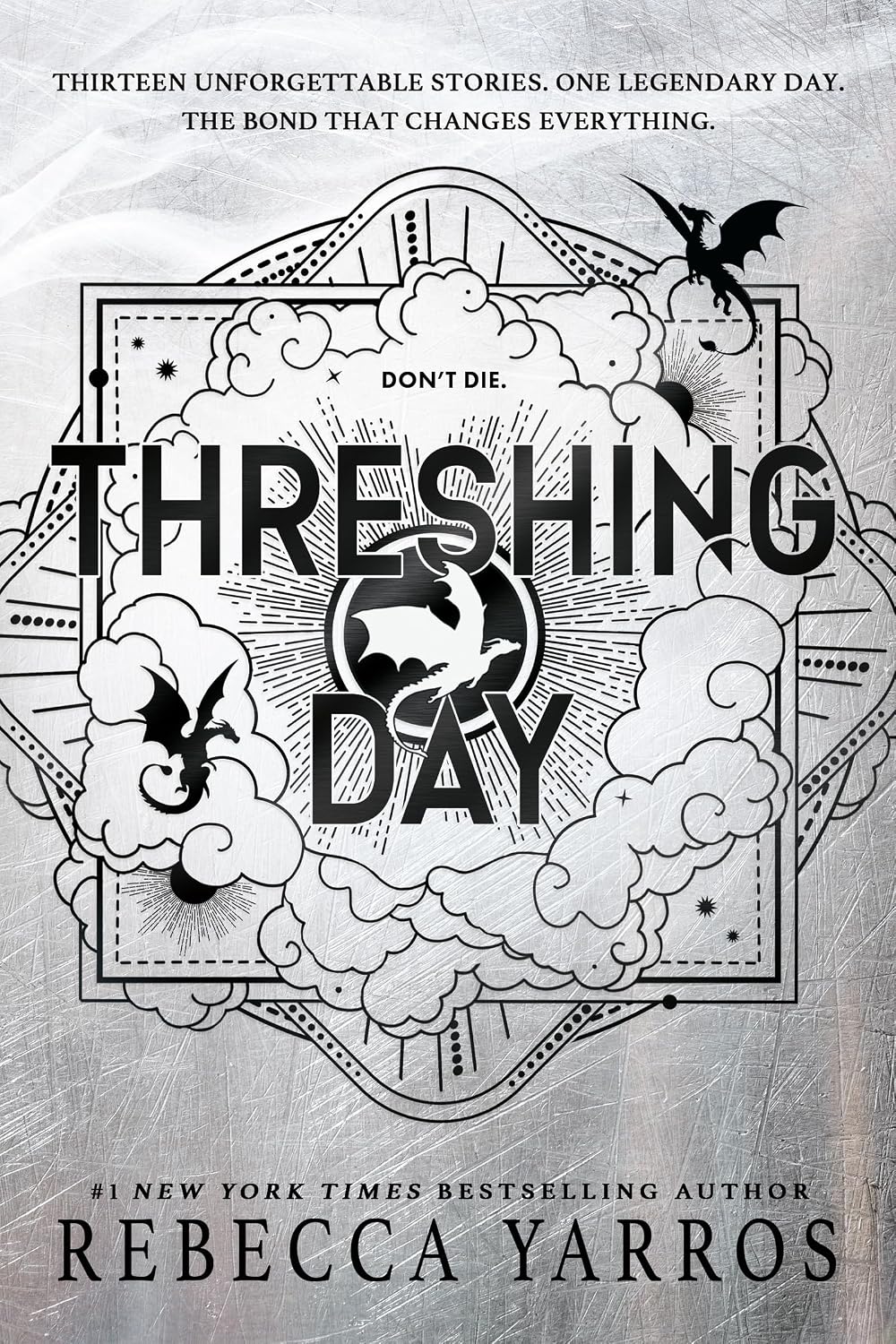 Cover of Threshing Day by Rebecca Yarros: black-and-white dragon and cloud artwork on a silver background.