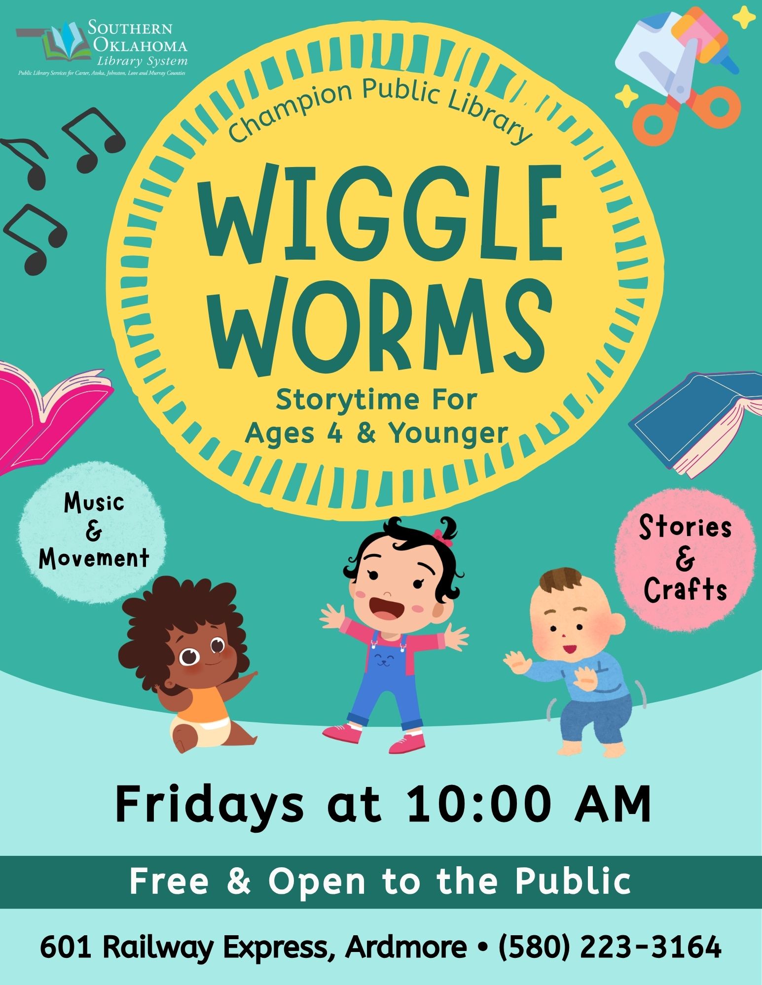 Teal-colored flyer for Wiggle Worms Storytime at Champion Public Library, for ages 4 and younger, Fridays at 10:00 AM, with illustrations of toddlers and text bubbles reading "Music & Movement" and "Stories & Crafts."