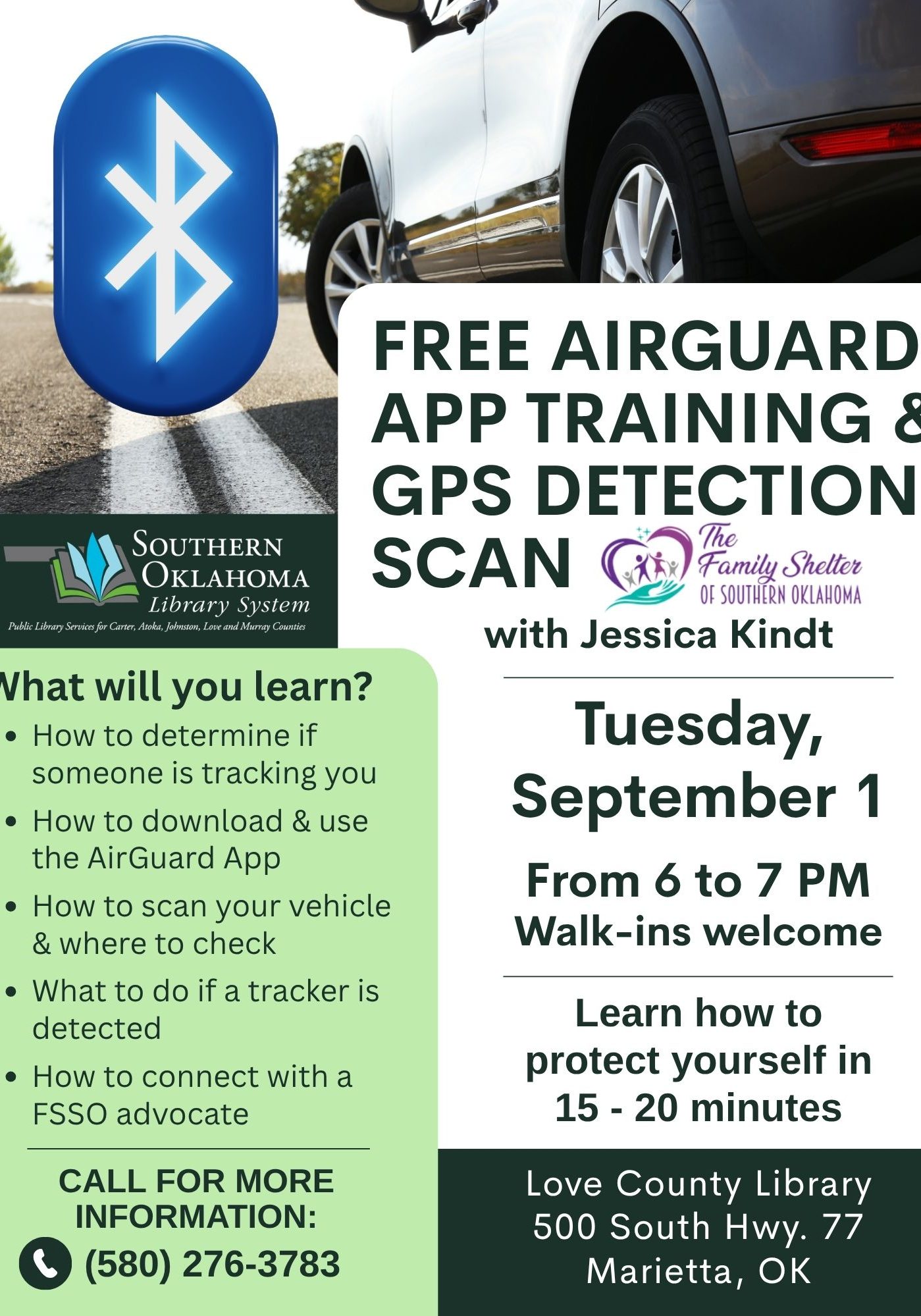 Flyer for a free AirGuard app training and GPS tracker detection event by Southern Oklahoma Library System and The Family Shelter of Southern Oklahoma, Tuesday, September 1, 6-7 PM, walk-ins welcome, at Love County Library, 500 South Hwy. 77, Marietta, OK. Call (580) 276-3783 for more information.