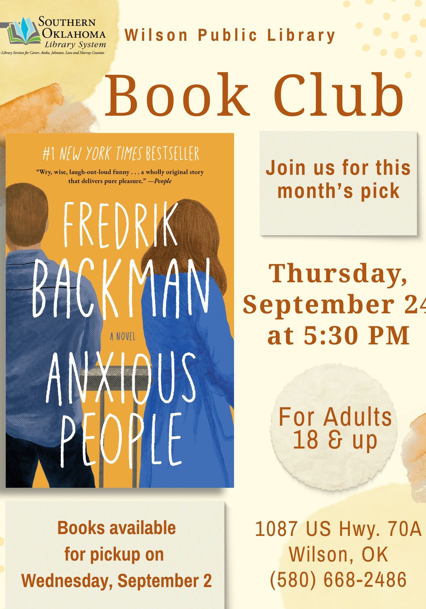 Flyer for Wilson Public Library's Book Club discussing "Anxious People" by Fredrik Backman, Thursday, September 24 at 5:30 PM, for adults 18+, with the book cover shown.