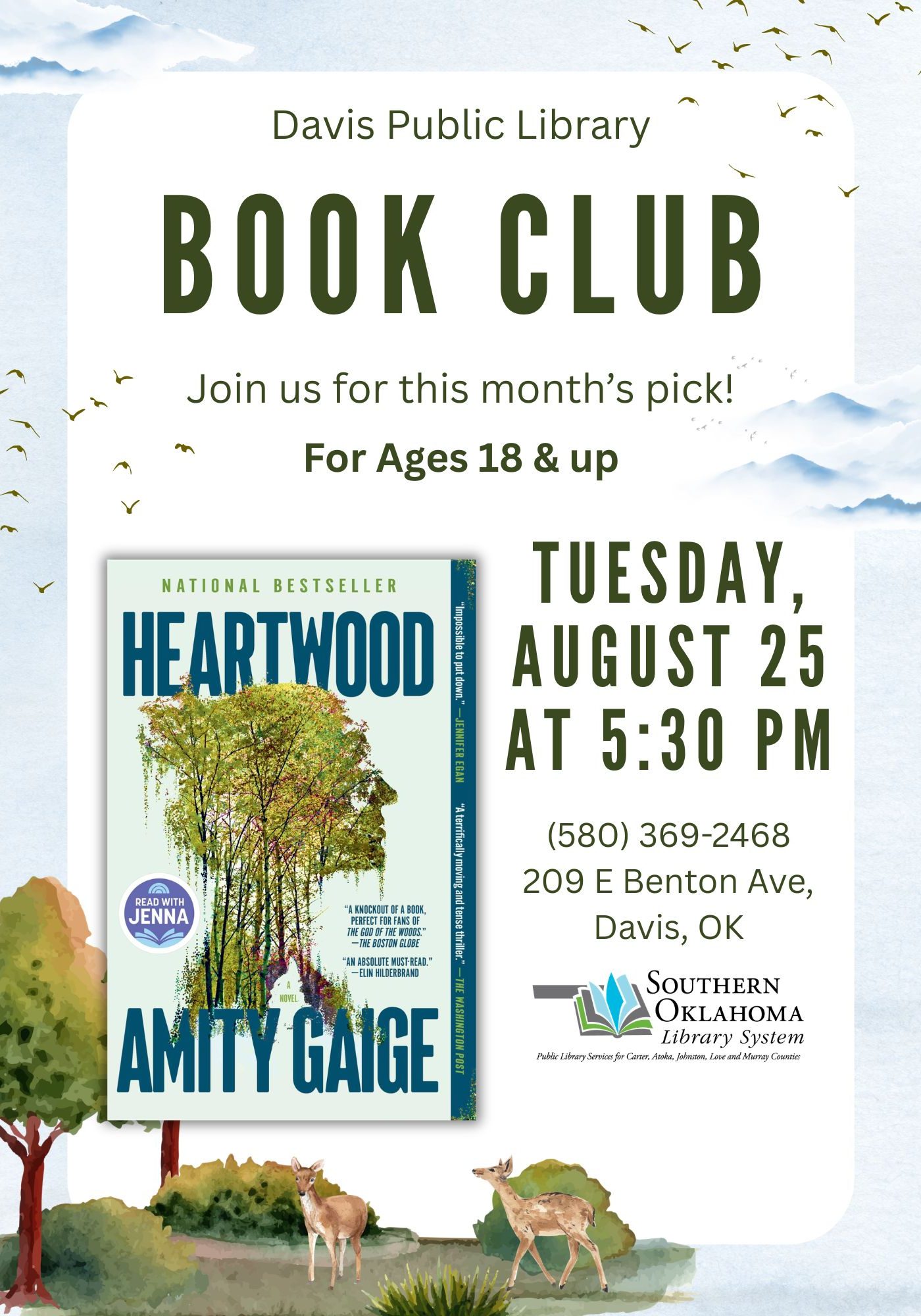 Flyer for Davis Public Library Book Club (ages 18+), featuring "Heartwood" by Amity Gaige. Event: Tuesday, August 25 at 5:30 PM, 209 E Benton Ave, Davis, OK, (580) 369-2468. Watercolor illustration of mountains, birds, trees, and deer; Southern Oklahoma Library System logo in bottom right.