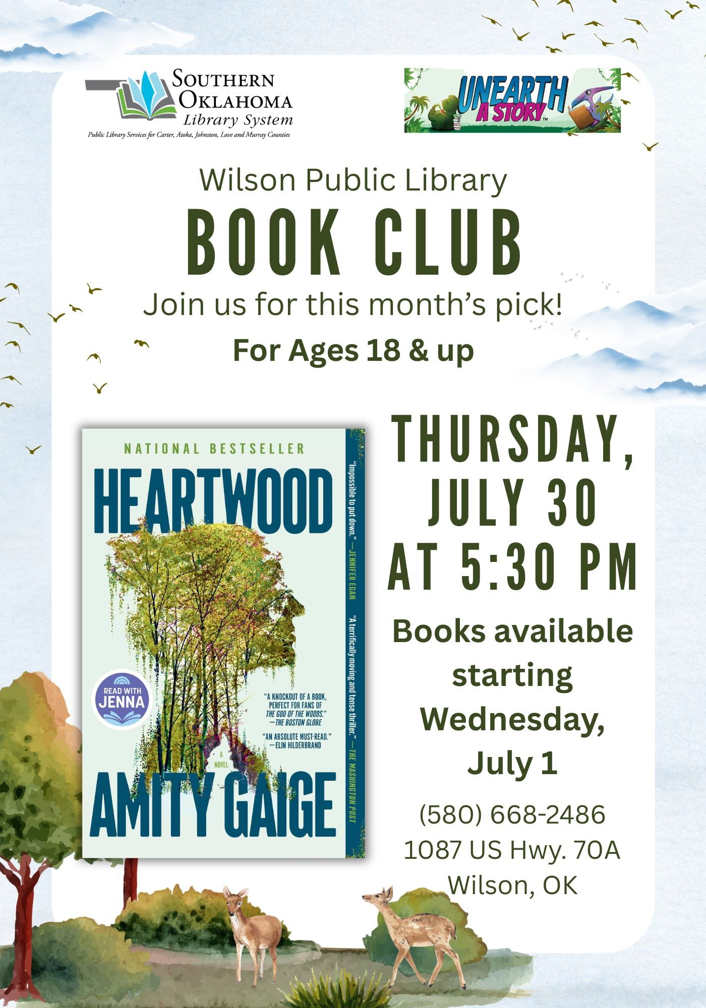 Flyer for Wilson Public Library's Book Club featuring the novel "Heartwood" by Amity Gaige, with a forest and mountain watercolor background, deer, and birds. Text: For ages 18 & up. Thursday, July 30 at 5:30 PM. Books available starting Wednesday, July 1. (580) 668-2486, 1087 US Hwy. 70A, Wilson, OK.