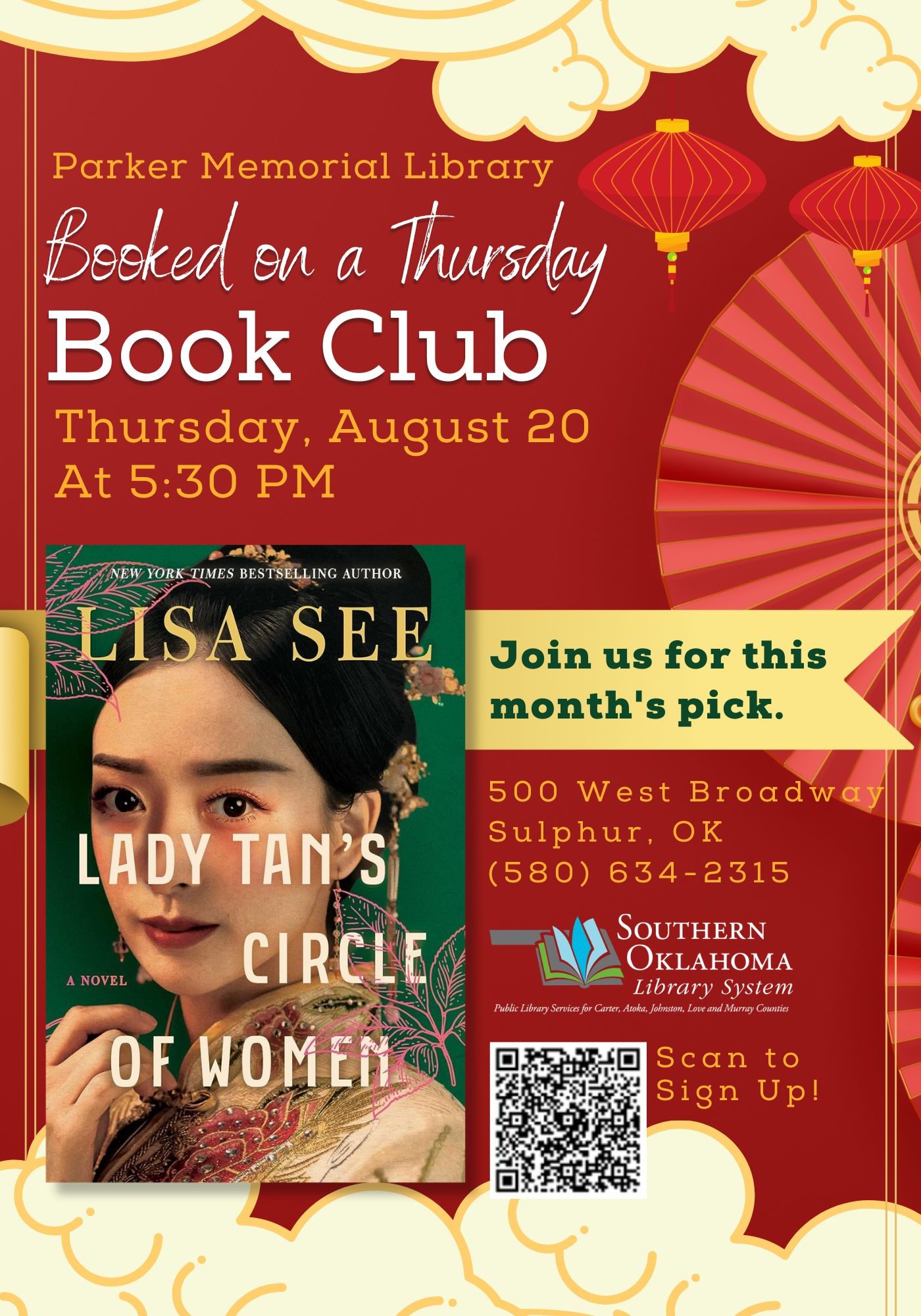 Flyer for Parker Memorial Library's "Booked on a Thursday" Book Club, meeting Thursday, August 20 at 5:30 PM to discuss "Lady Tan's Circle of Women" by Lisa See. Located at 500 West Broadway, Sulphur, OK, (580) 634-2315. Includes a QR code to sign up. Background features red Chinese lanterns and a fan on a red backdrop with gold cloud designs.
