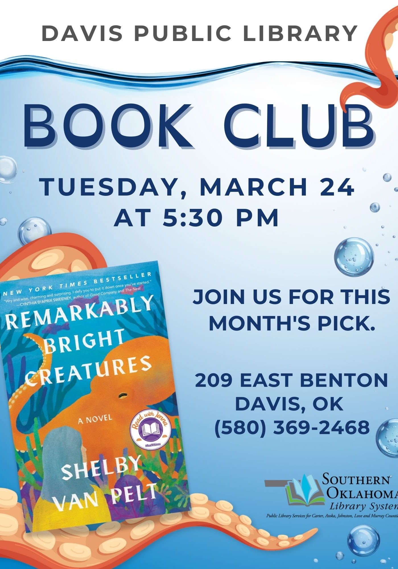 Book Club Remarkably Bright Creatures DPL MAR Flyer 2026