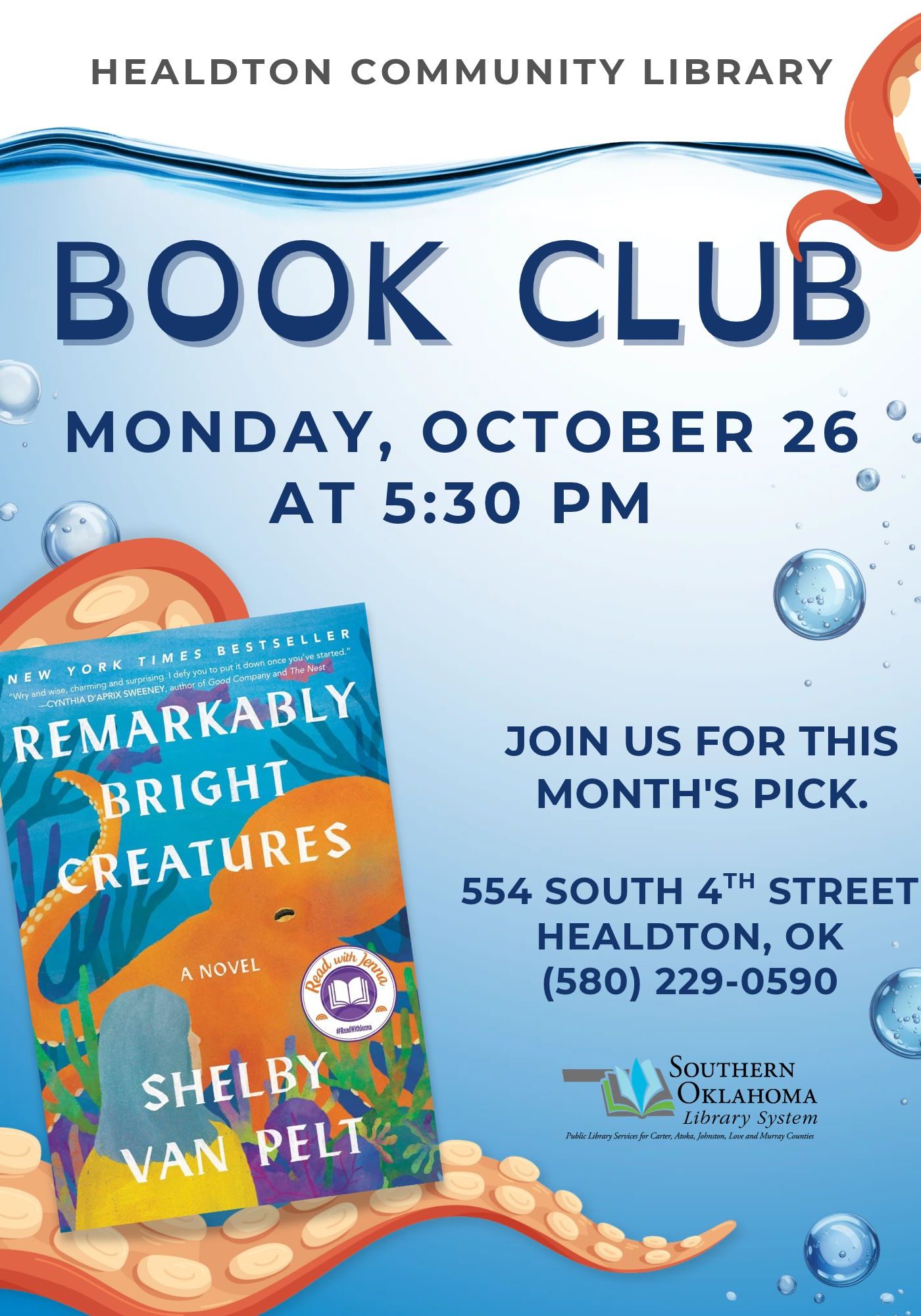Blue underwater-themed flyer for Healdton Community Library's Book Club discussing "Remarkably Bright Creatures" by Shelby Van Pelt, Monday, October 26 at 5:30 PM, 554 South 4th Street, Healdton, OK, (580) 229-0590.