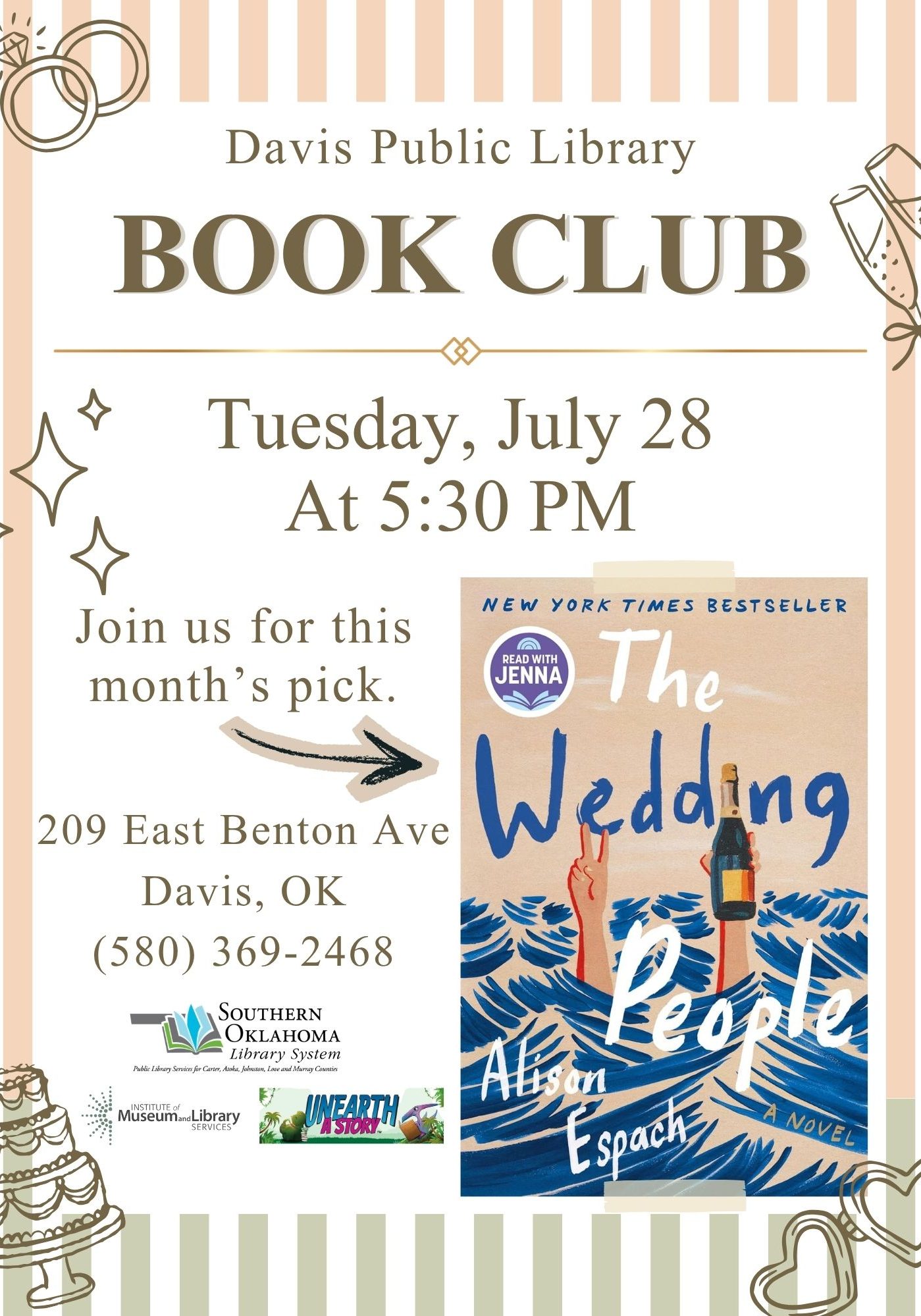 Flyer for Davis Public Library Book Club, Tuesday, July 28 at 5:30 PM, decorated with wedding-themed doodles. Features the cover of "The Wedding People" by Alison Espach. Location: 209 East Benton Ave, Davis, OK, (580) 369-2468.