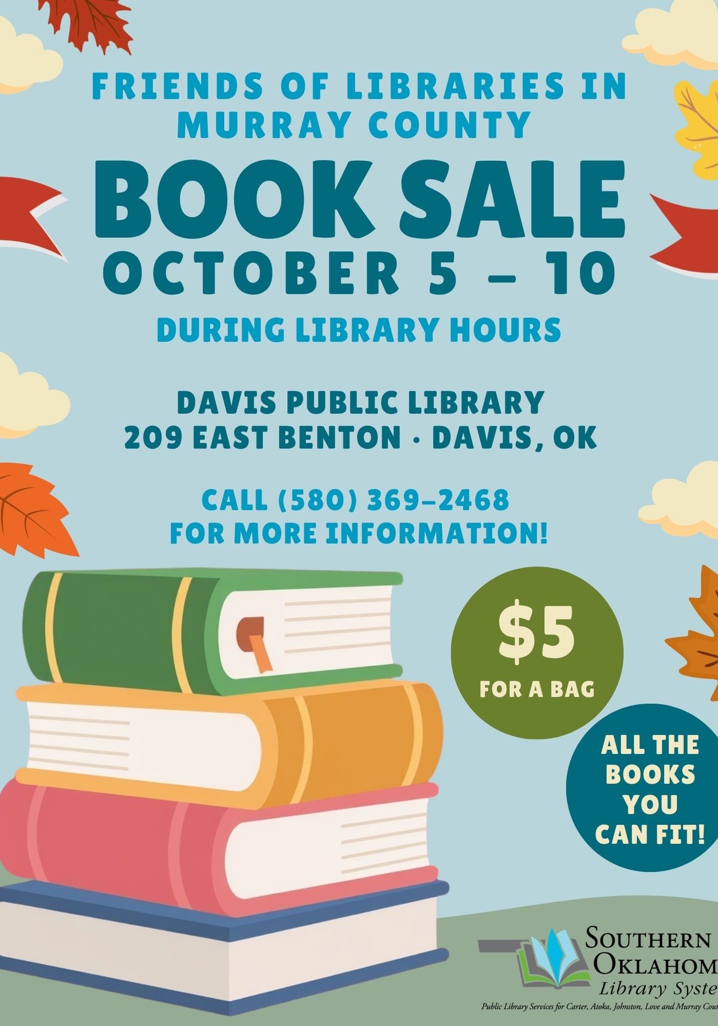 Fall-themed flyer for a Friends of Libraries in Murray County Book Sale, October 5–10 during library hours at Davis Public Library, $5 per bag, all the books you can fit.