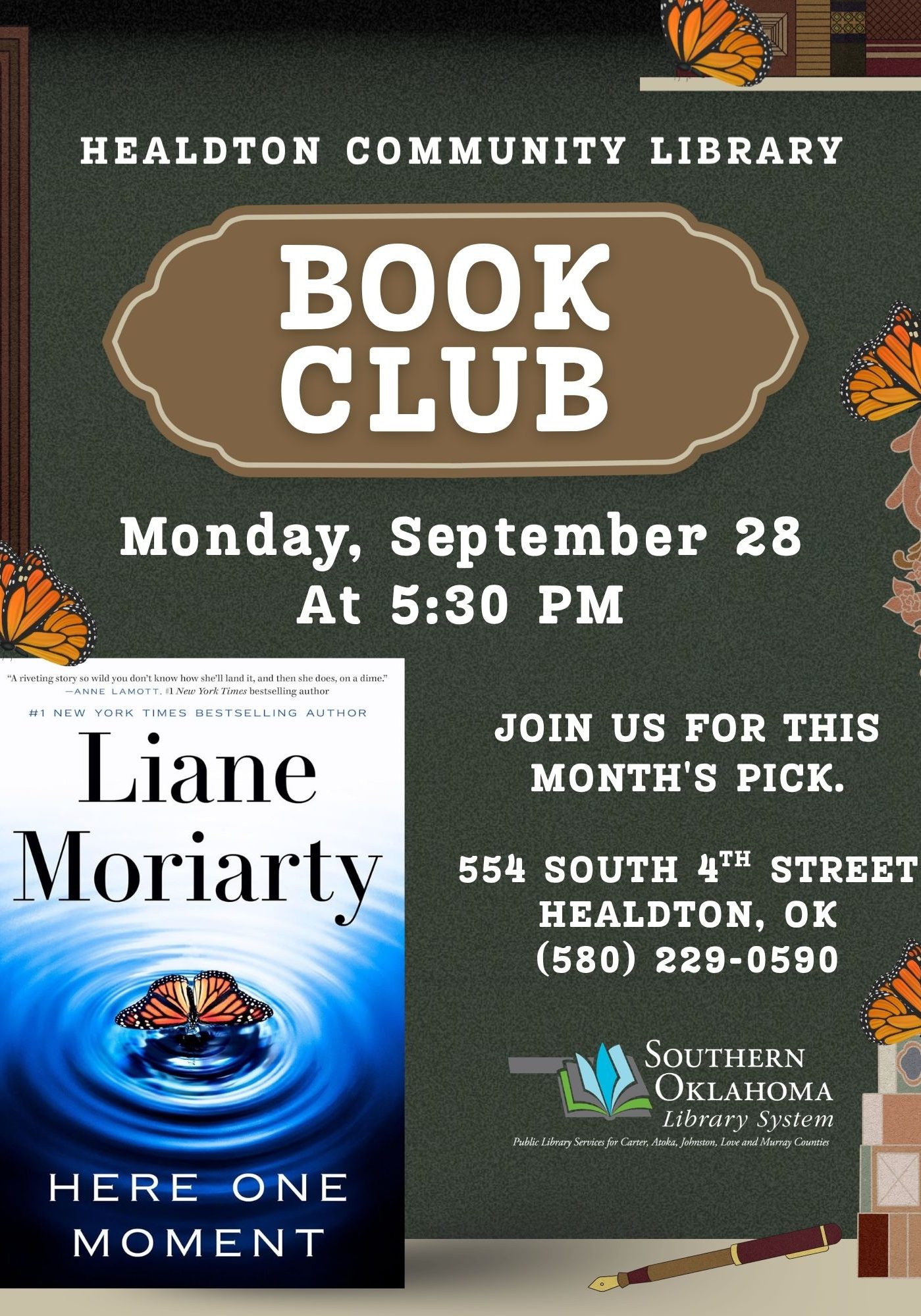 Flyer for Healdton Community Library Book Club, Monday, September 28 at 5:30 PM, featuring 'Here One Moment' by Liane Moriarty. Location: 554 South 4th Street, Healdton, OK; (580) 229-0590. Southern Oklahoma Library System logo included, with decorative butterflies on a dark green background.