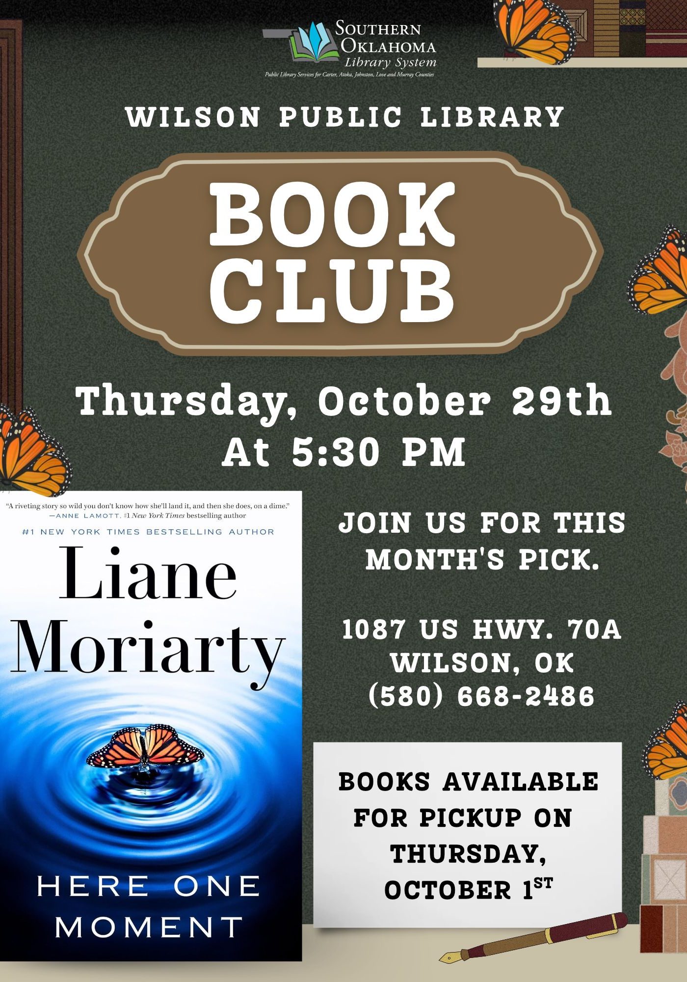 Vintage-style flyer with monarch butterflies for Wilson Public Library's Book Club discussing "Here One Moment" by Liane Moriarty, Thursday, October 29 at 5:30 PM, books available for pickup October 1st.