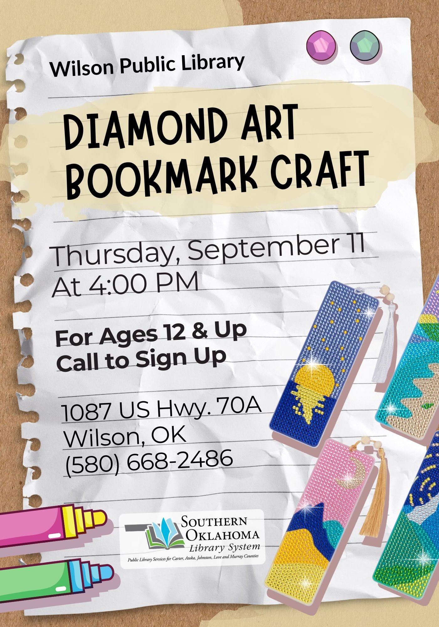 Diamond Art Bookmark Craft Class WPL Flyer 2025