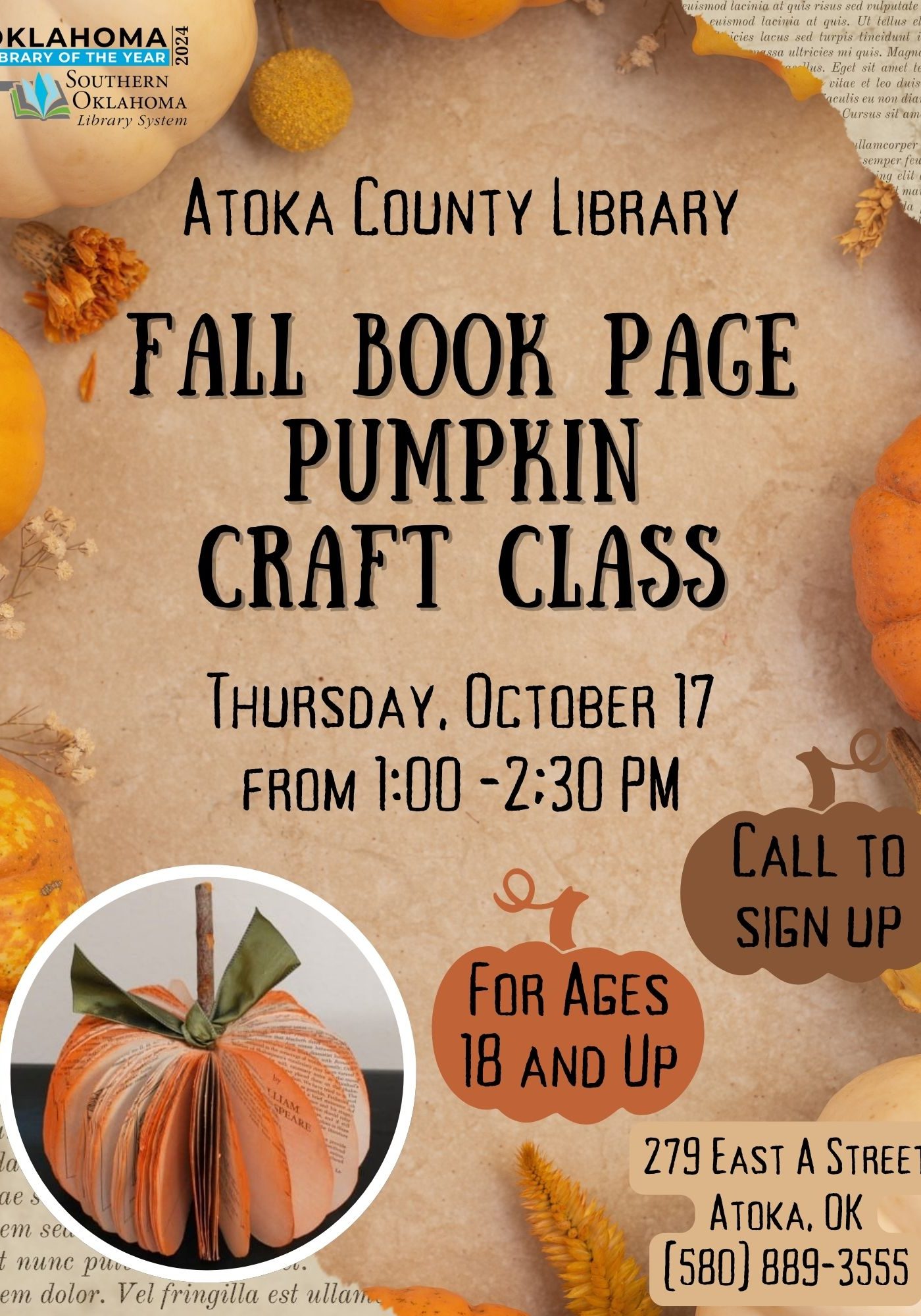 Fall Book Page Pumpkin Craft Class ACL Flyer