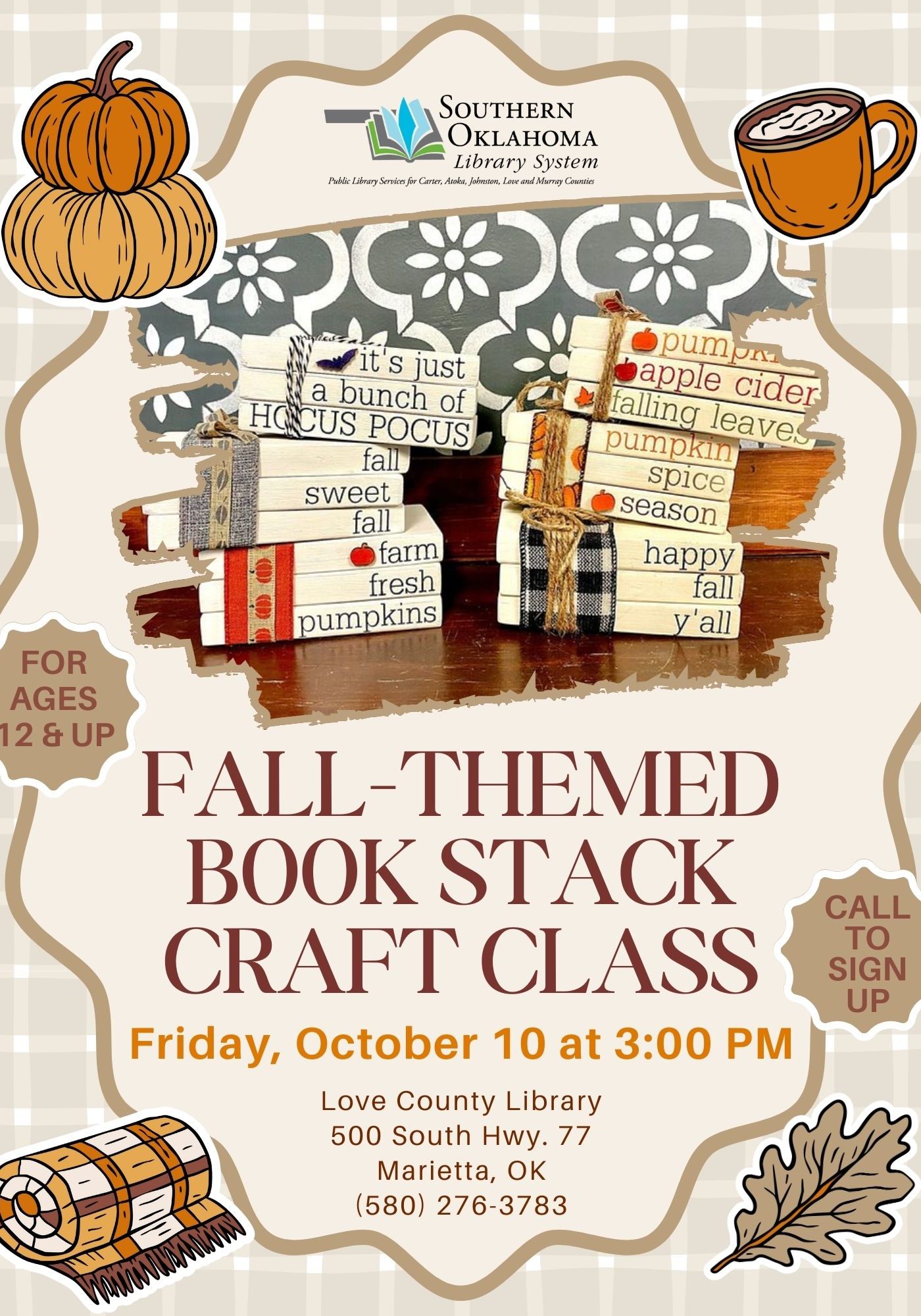 Fall themed Stacked Books Craft LCL Flyer 2025