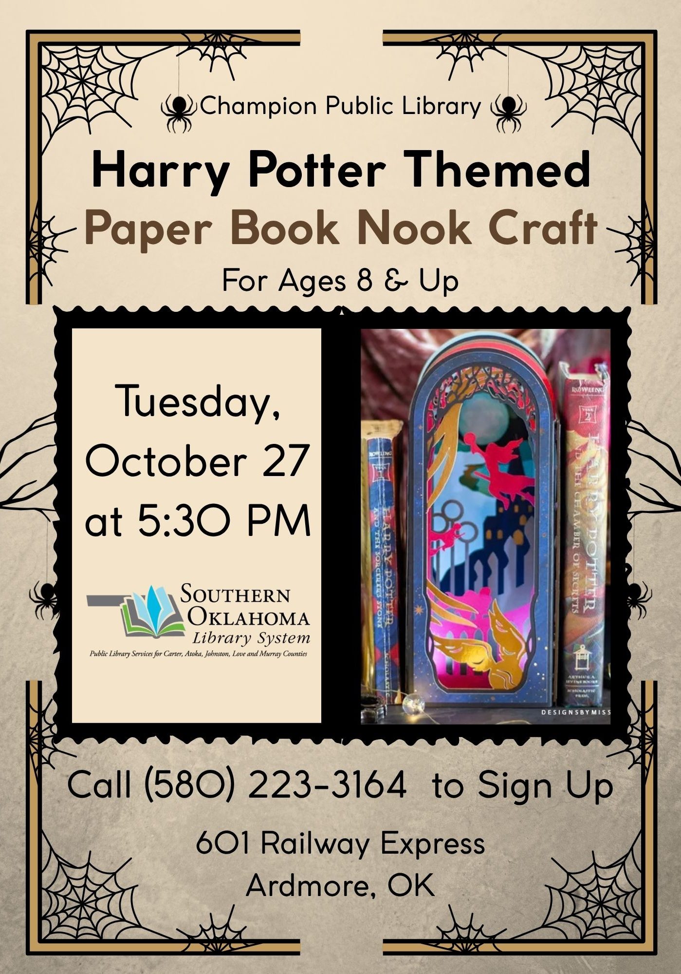 Flyer for a Harry Potter themed paper book nook craft at Champion Public Library on Tuesday, October 27 at 5:30 PM, for ages 8 and up. Call (580) 223-3164 to sign up. Location: 601 Railway Express, Ardmore, OK.