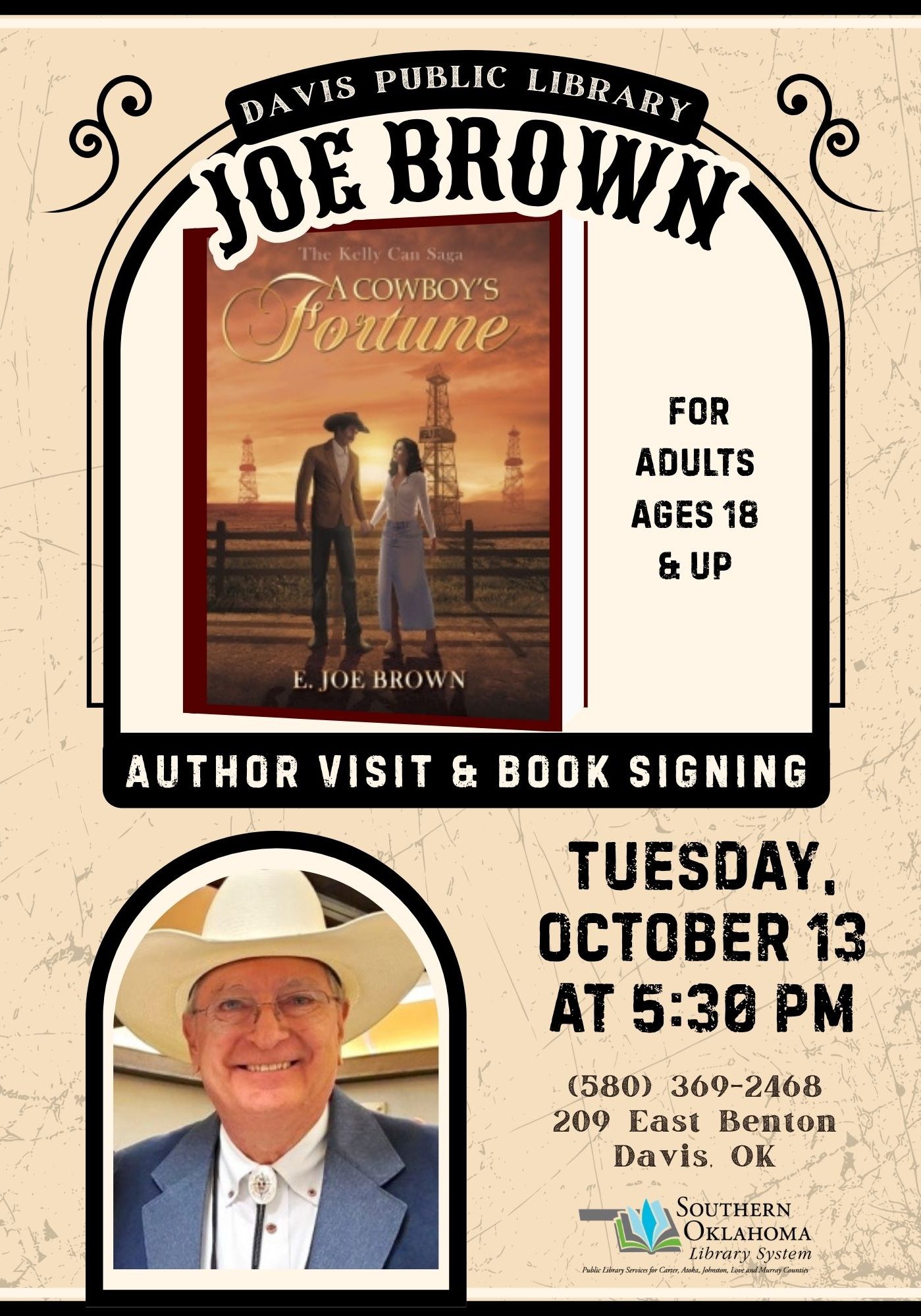 Western-style flyer for an author visit and book signing with E. Joe Brown, author of "A Cowboy's Fortune," Tuesday, October 13 at 5:30 PM at Davis Public Library, for adults 18+.