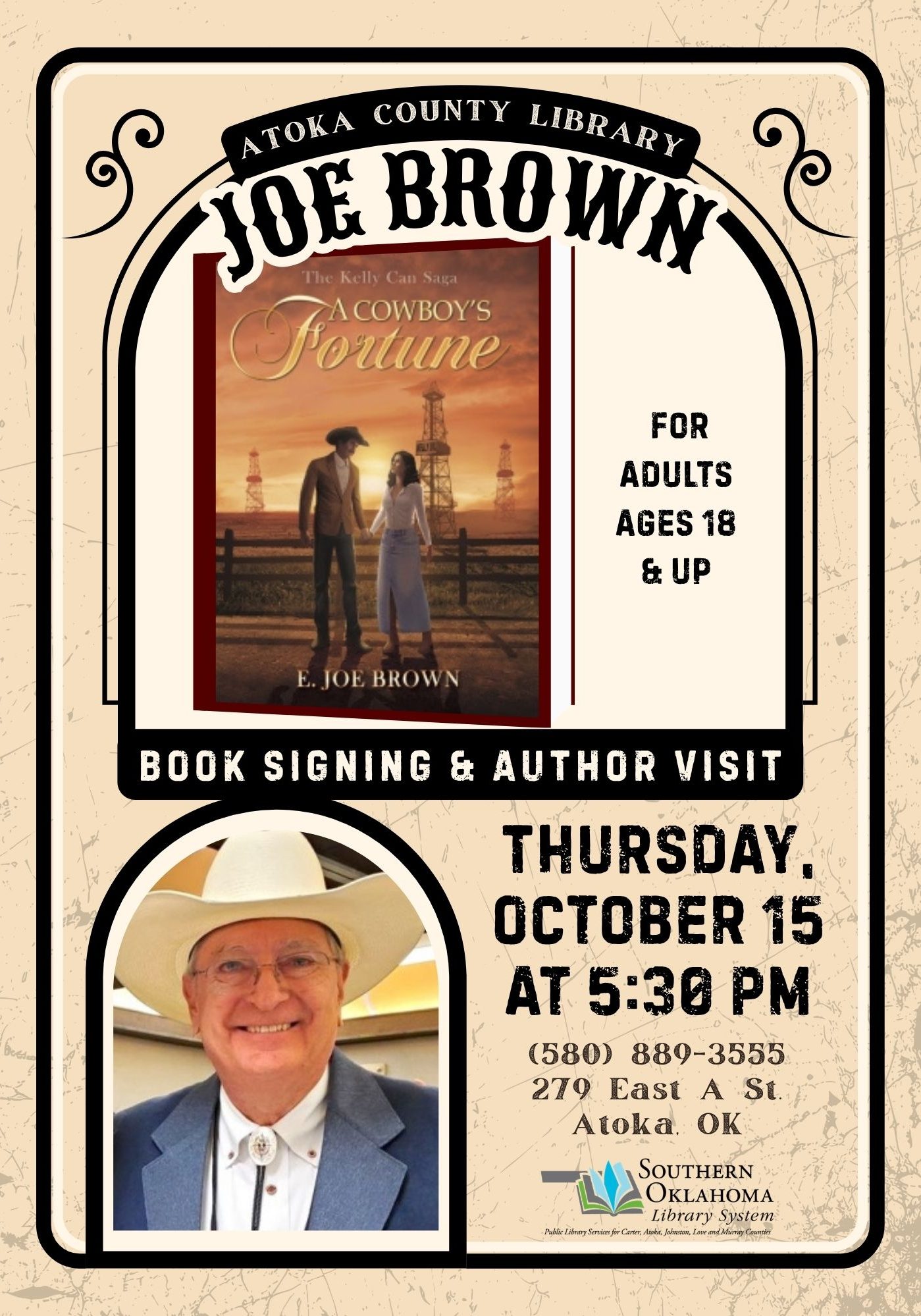 Flyer for a book signing and author visit with Joe Brown at Atoka County Library on Thursday, October 15 at 5:30 PM, for adults 18 and up.