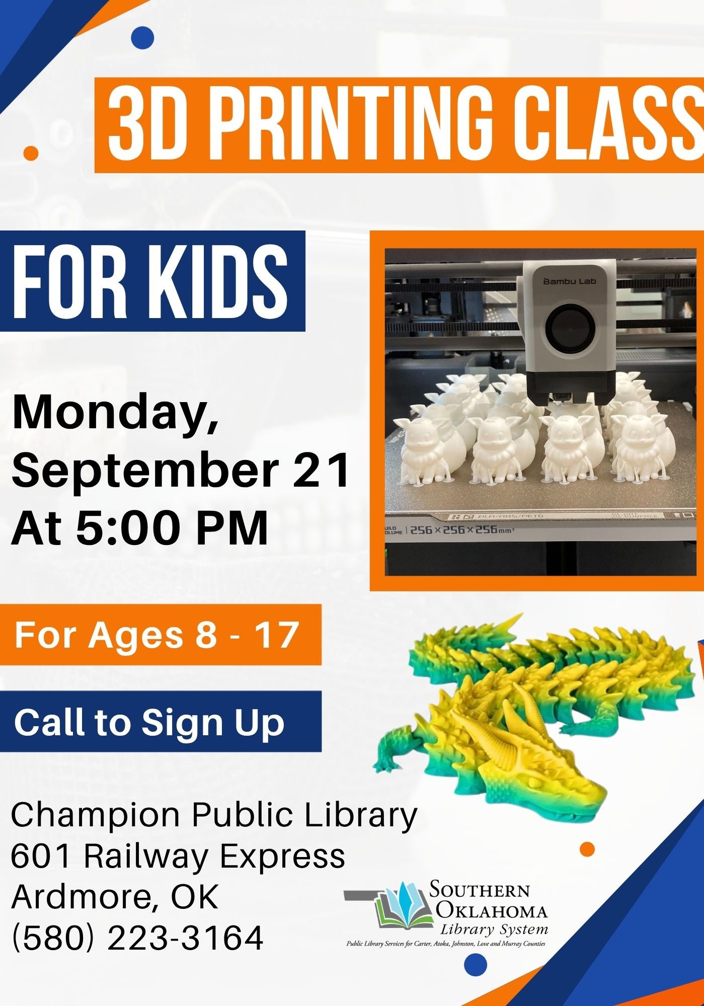 Flyer for a 3D Printing Class for Kids (ages 8–17) at Champion Public Library, Monday, September 21 at 5:00 PM, featuring photos of a 3D printer with small figurines and a printed dragon model.