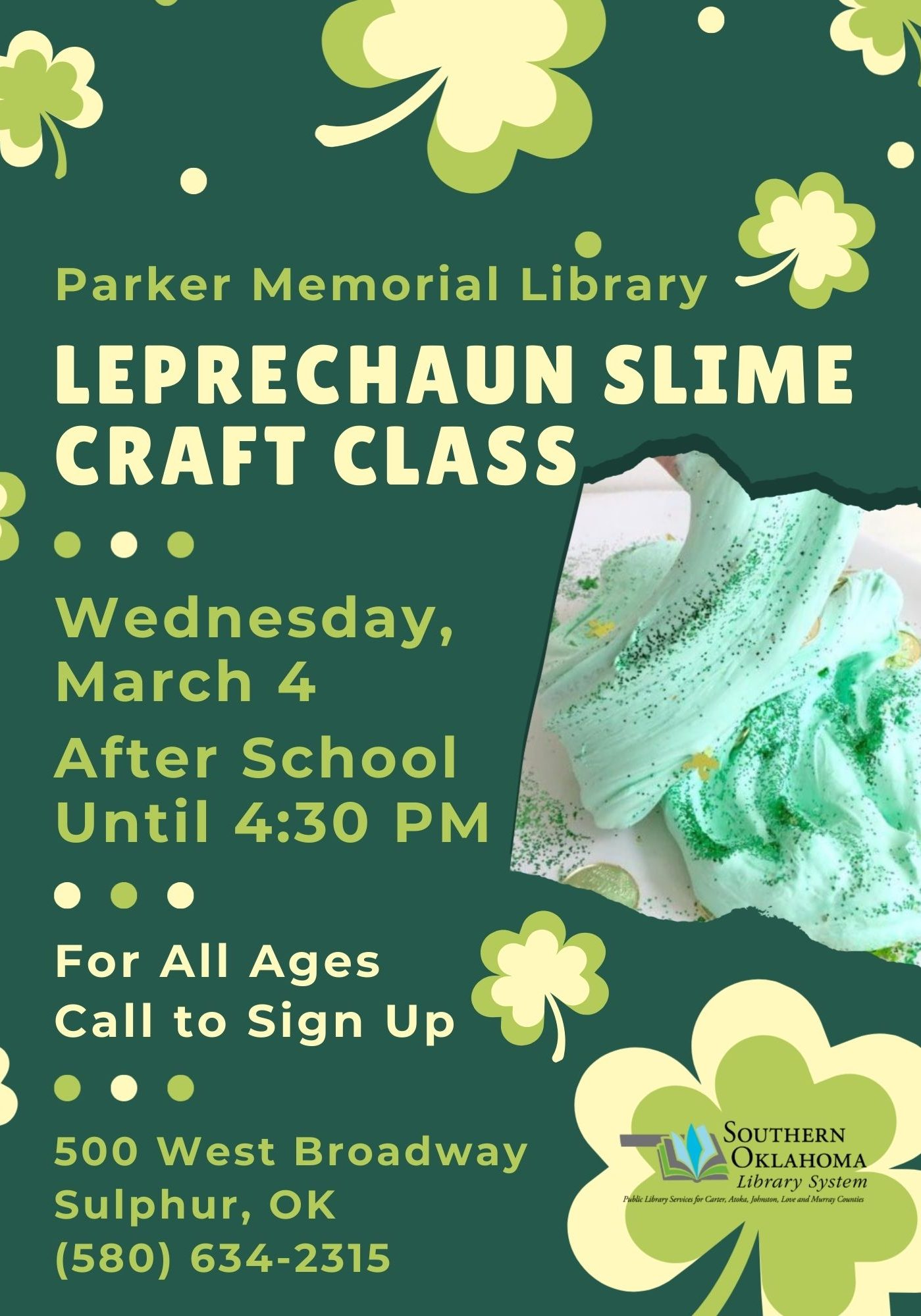 Leprechaun Slime Craft PML Flyer 2026