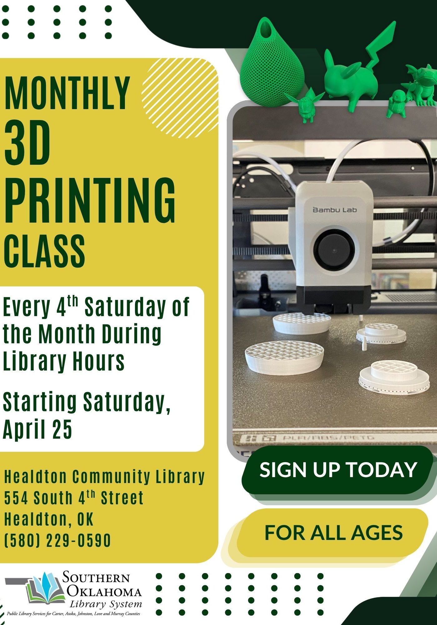 Monthly 3D Printing Class HCL Flyer 2026