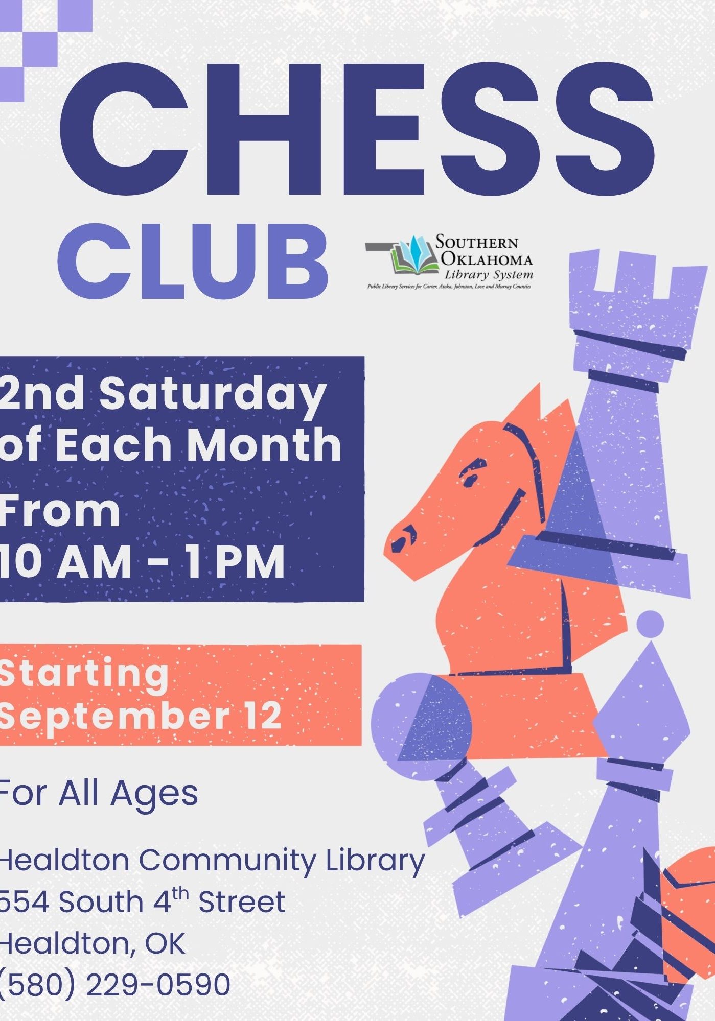Flyer for Chess Club at Healdton Community Library, held the 2nd Saturday of each month from 10 AM–1 PM starting September 12, for all ages, with an illustration of chess pieces.