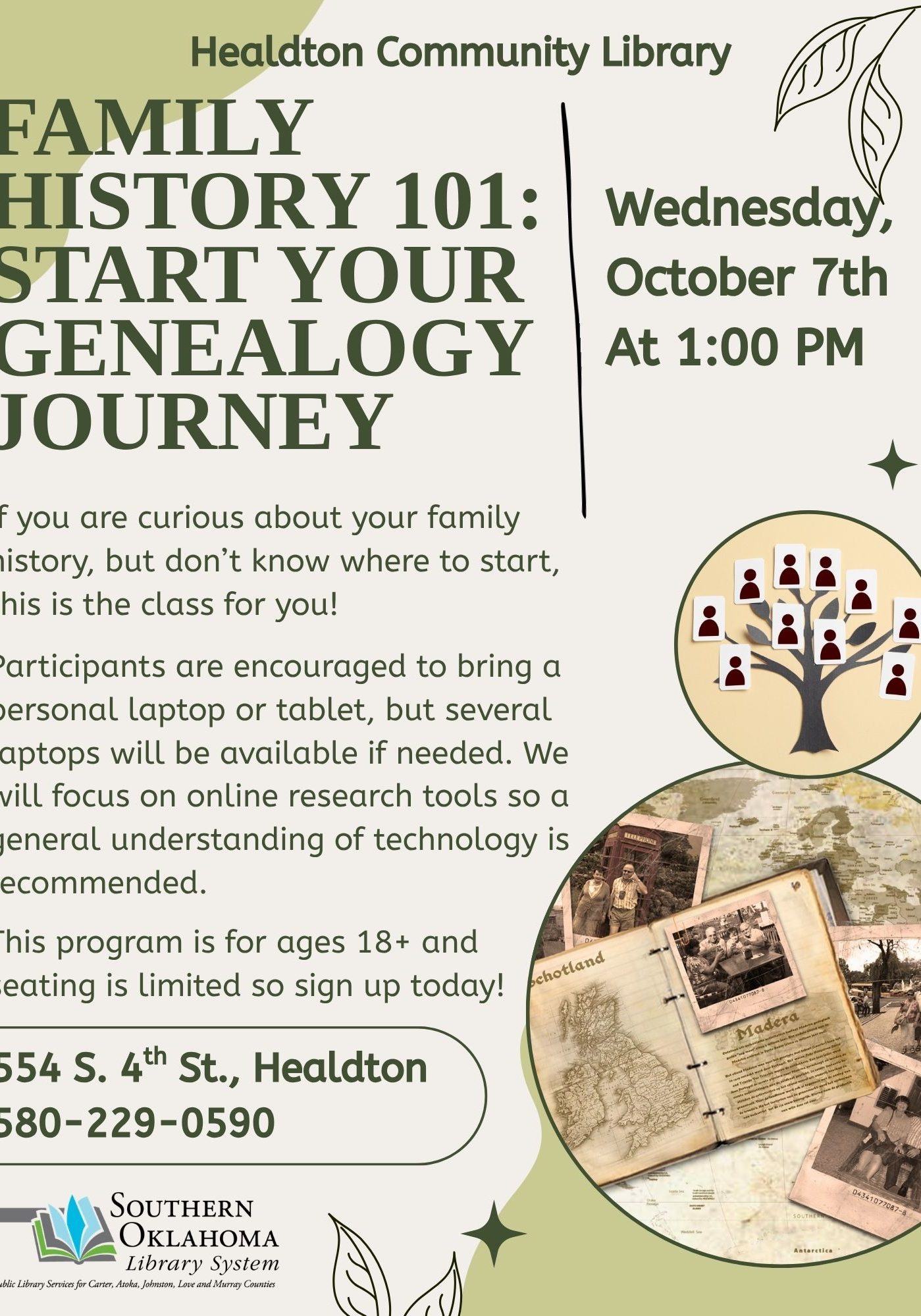 Flyer for "Family History 101: Start Your Genealogy Journey," a class at Healdton Community Library on Wednesday, October 7th at 1:00 PM.