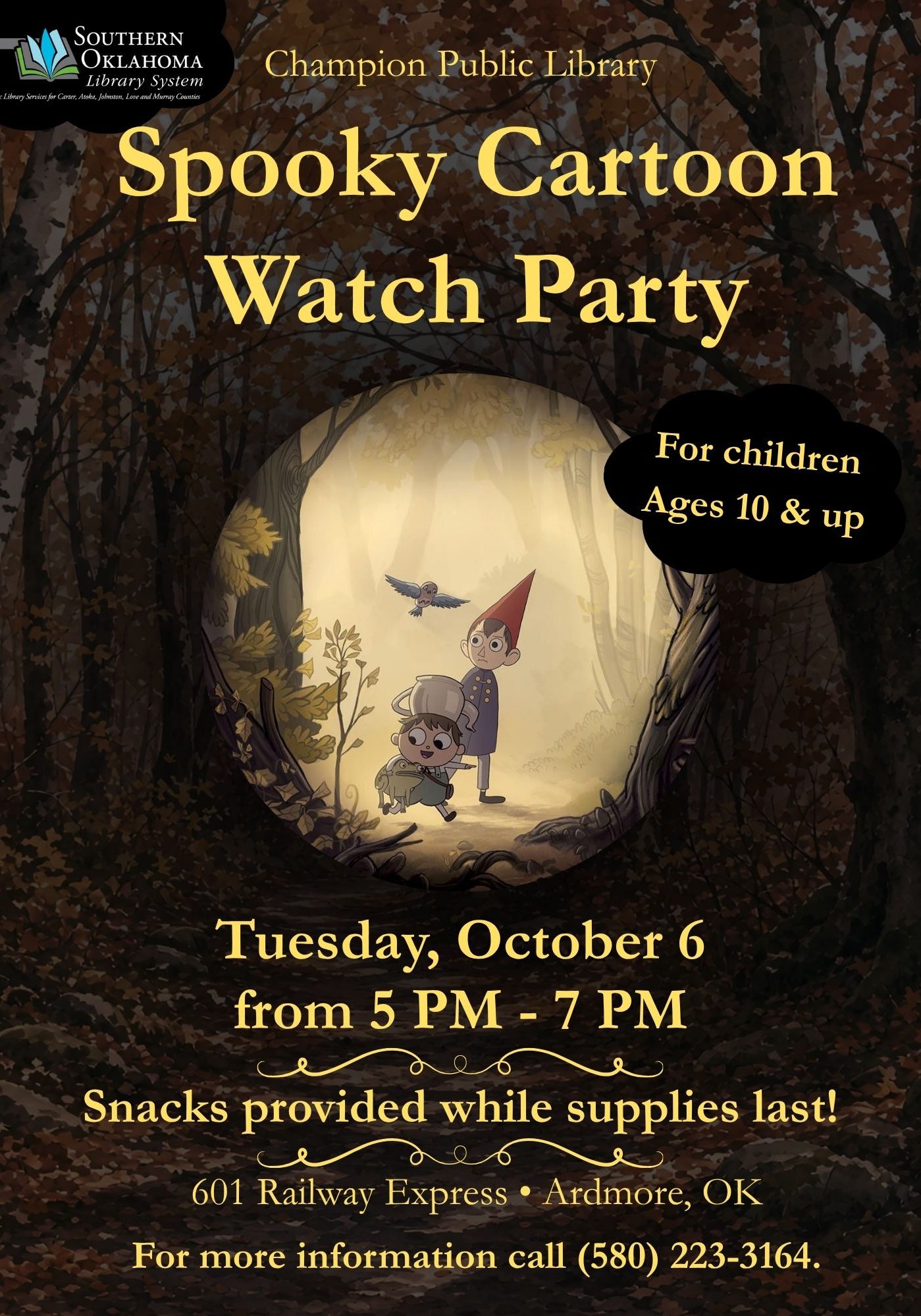 Flyer for a Spooky Cartoon Watch Party at Champion Public Library on Tuesday, October 6, from 5 to 7 PM, for children ages 10 and up. Snacks provided while supplies last.
