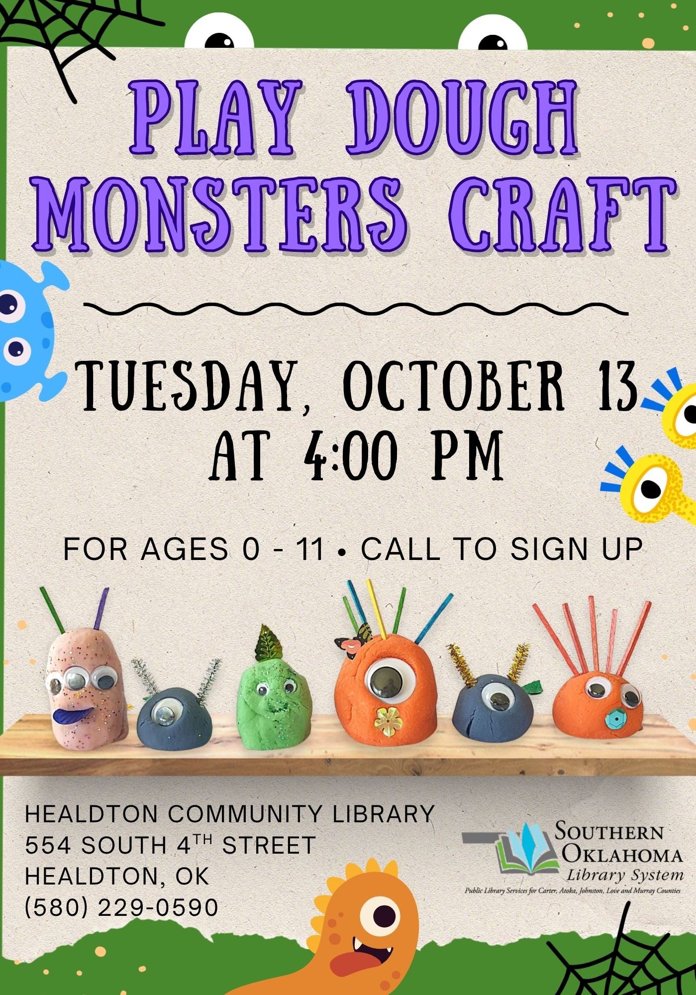 Flyer for "Play Dough Monsters Craft" at Healdton Community Library on Tuesday, October 13 at 4:00 PM, for ages 0-11.