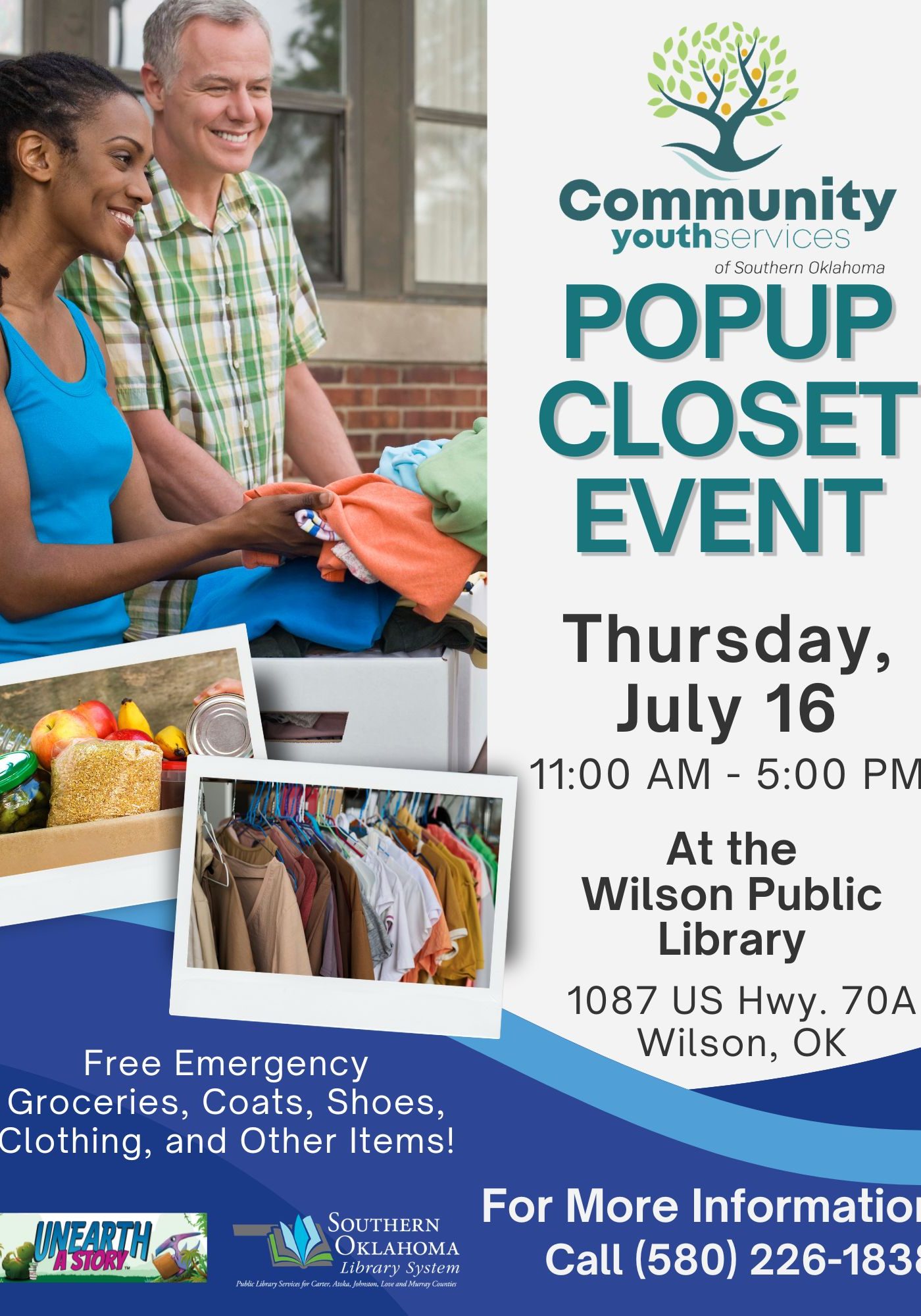 Flyer for Community Youth Services' Popup Closet Event, Thursday, July 16, 11 AM–5 PM, at Wilson Public Library, 1087 US Hwy. 70A, Wilson, OK. Offers free emergency groceries, coats, shoes, and clothing. Call (580) 226-1838 for info. Includes photos of donated clothing and food, plus Southern Oklahoma Library System logo.